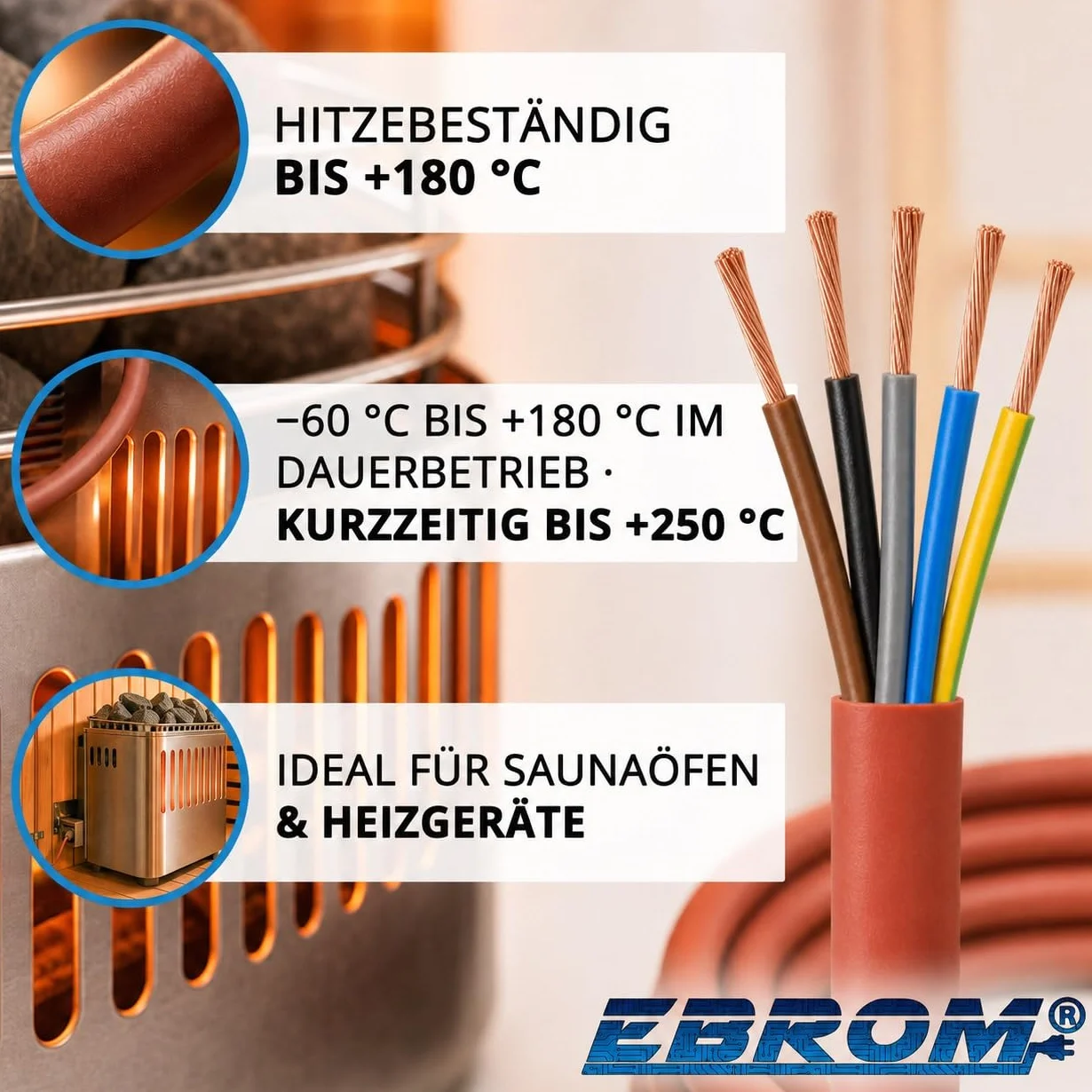 Towar sprzedawany na metry kabel silikonowy kabel zasilający do sauny SIHF z dokładnością do metra! SIHF-J 5 x 4 mm² (5G4 mm2) 100% miedź OFC ocynkowana wybór w odstępach 1 metra