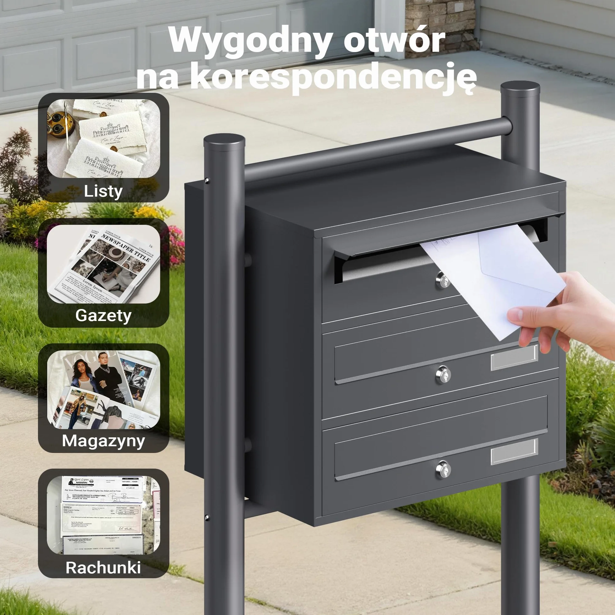 Wiltec Wolnostojąca potrójna skrzynka na listy antracytowa, stalowa z 3 skrzynkami pocztowymi zamykana na klucz, stojąca do montażu podłogowego