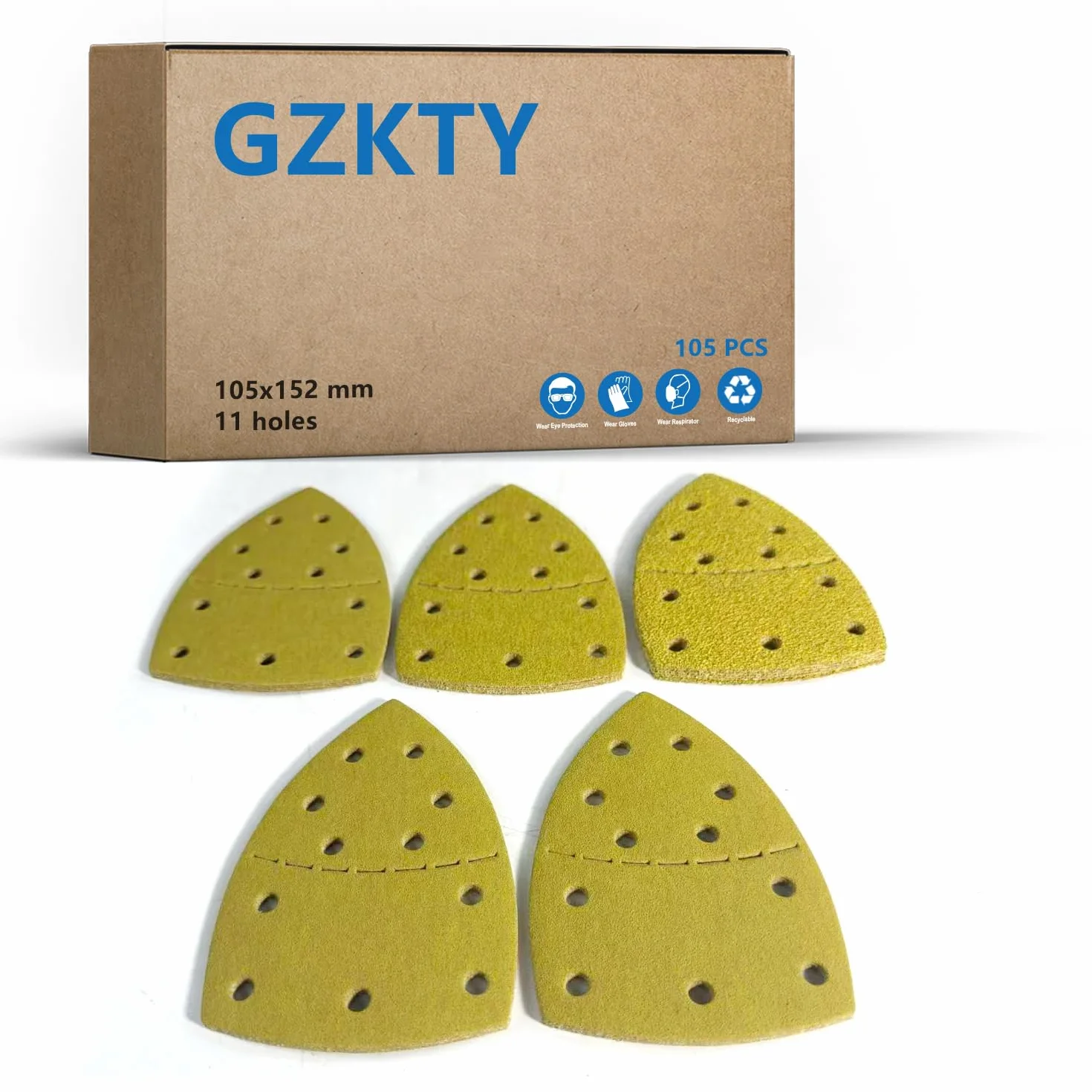 105 sztuk papieru ściernego, zestaw szlifierek trójkątnych, 105 x 152 mm, P40/P60/P80/P120/P180/P240/P400 x 15, 11 otworów do szlifierek wielofunkcyjnych PSM 100A, PSM 160, PSM 200 AES, PSM 18