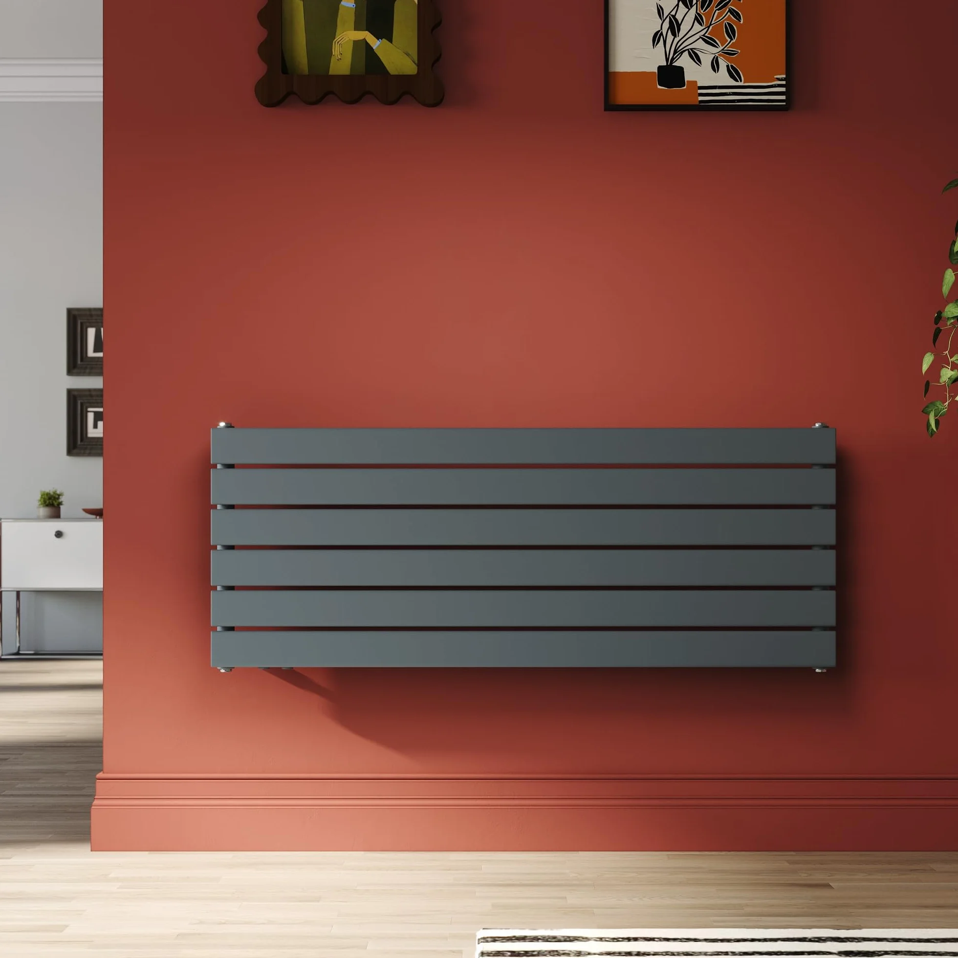 SONNI Designerski grzejnik 1200 x 465 mm antracyt 734 W, jednowarstwowy grzejnik płaski poziomy grzejnik płaski do łazienki przyłącze boczne grzejnik łazienkowy