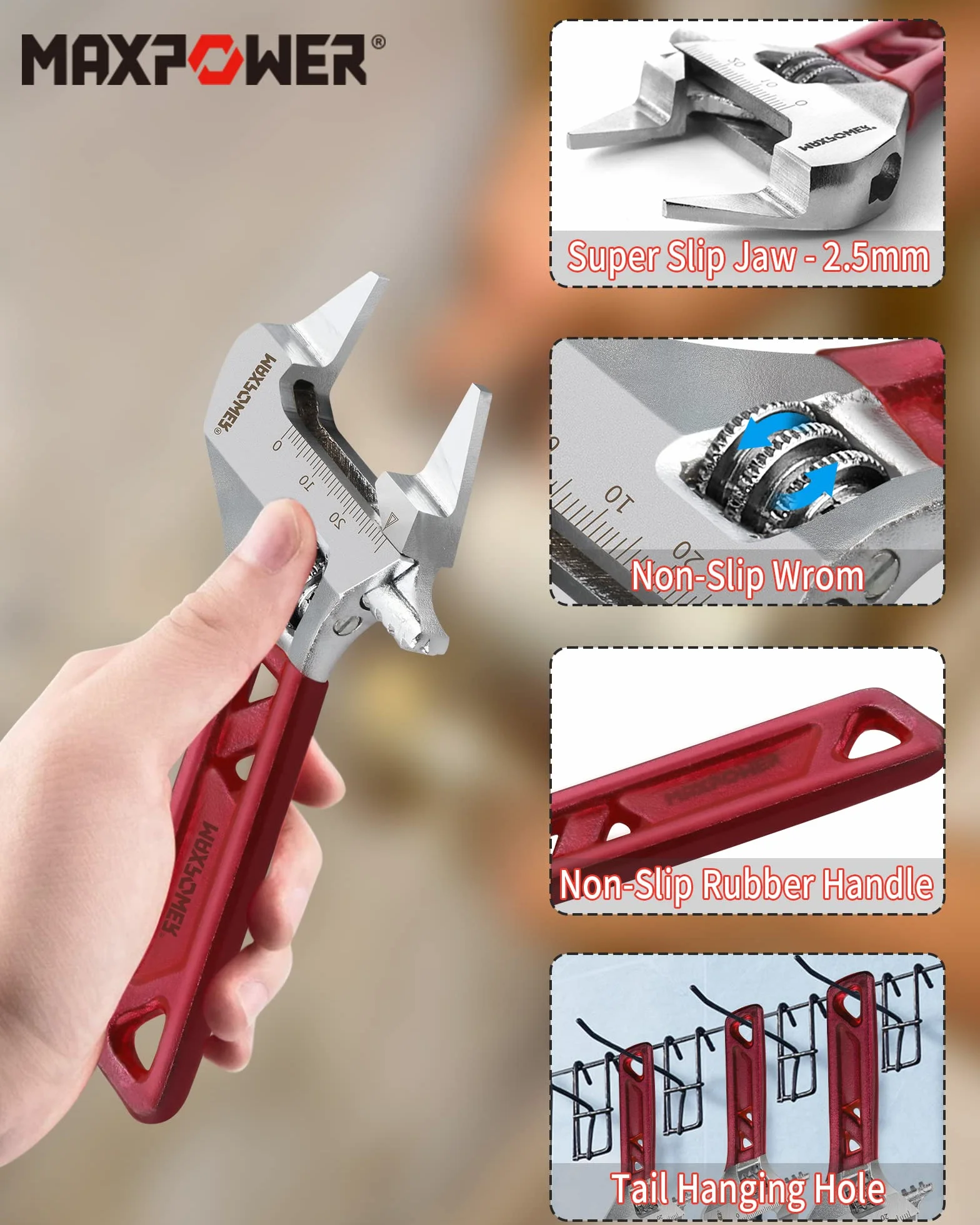 MAXPOWER Klucz nastawny 150 mm/6-calowy, wąski klucz nastawny z MAX. Otwór 30 mm i super cienka grubość szczęki 2,5 mm