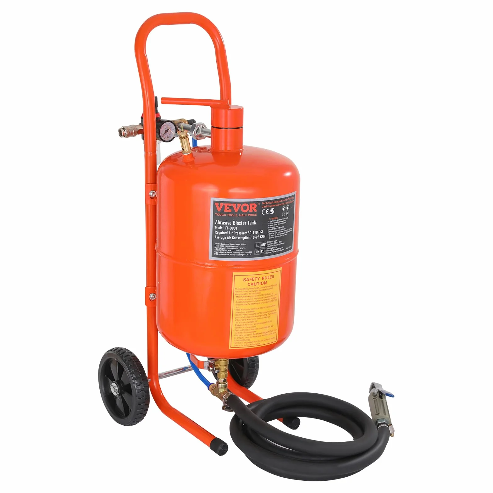 VEVOR Przenośna piaskarka 18,92 l, piaskarka 243,84 cm, wąż roboczy, piaskarka, ciśnienie robocze 60-110 psi, idealne do usuwania rdzy, farby, plam i polerowania dużych powierzchni