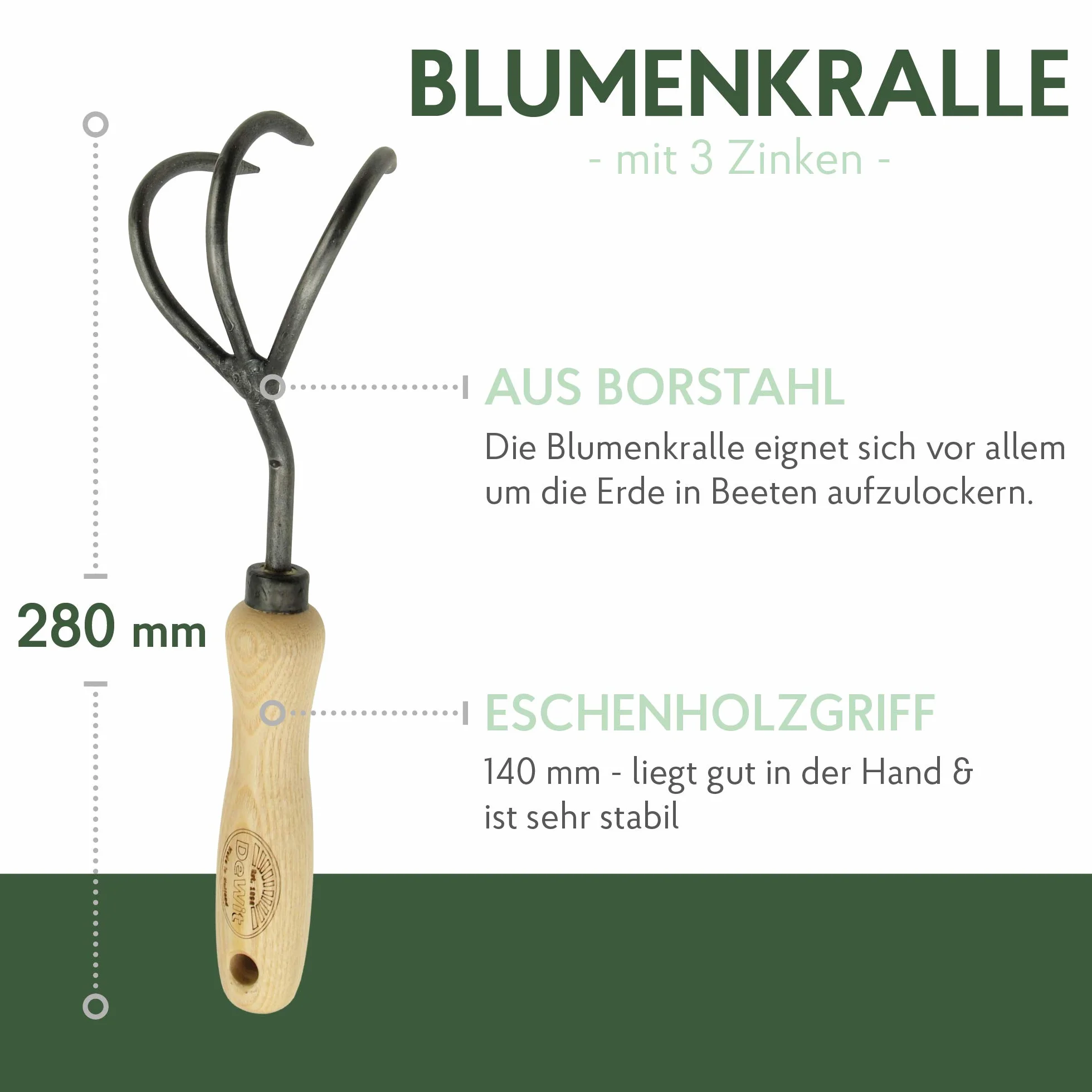 DeWit Blumenkralle 28 cm I Profesjonalny grubber z hartowanej stali z 3 szczękami I Wysokiej jakości ogrodowe akcesorium do rozpuszczania gleby I Ręcznie robione narzędzie ogrodnicze w najlepszej