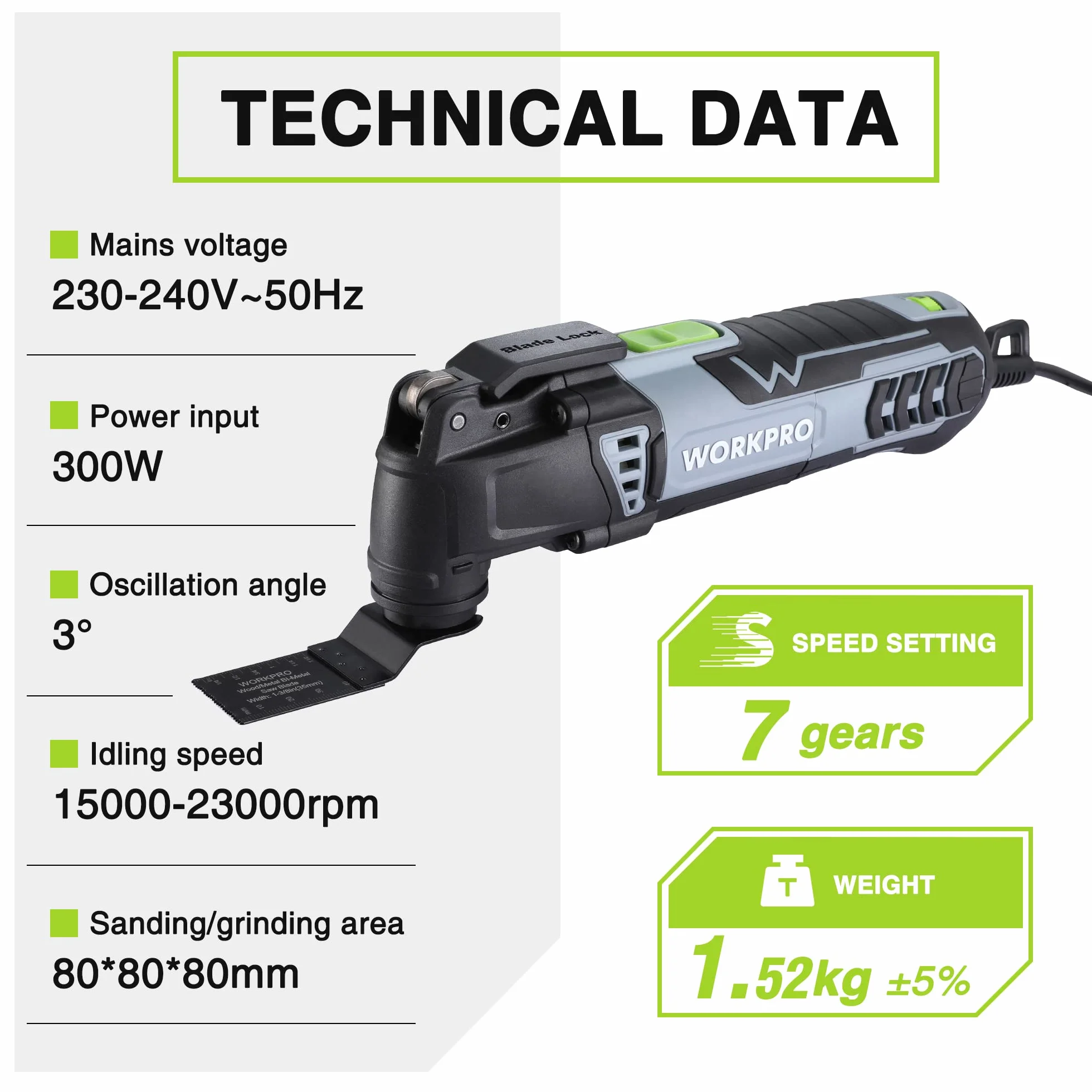 WORKPRO Wielofunkcyjne narzędzie oscylacyjne 300W, 7 regulowanych prędkości, z 17 akcesoriami, kąt oscylacji 3°, mechanizm szybkiej wymiany ostrza do piłowania, skrobania, kształtowania, polerowania