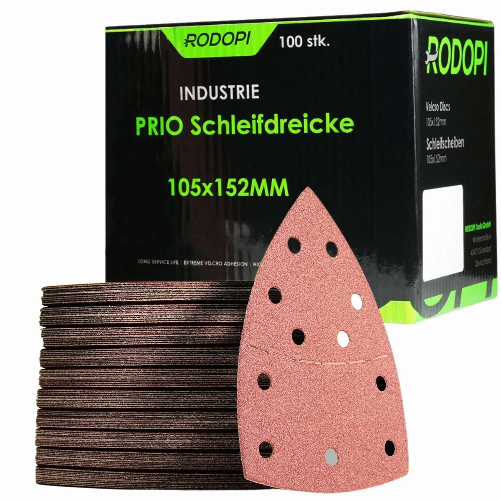 RODOPI RedDevil Papier ścierny do szlifierek wielofunkcyjnych, cyrkonu, korundu, rzepu, 105 x 152 mm, trójkąty szlifierskie Delta, 11 otworów, do szlifierek trójkątnych, ziarnistość 40-320, 50 sztuk,