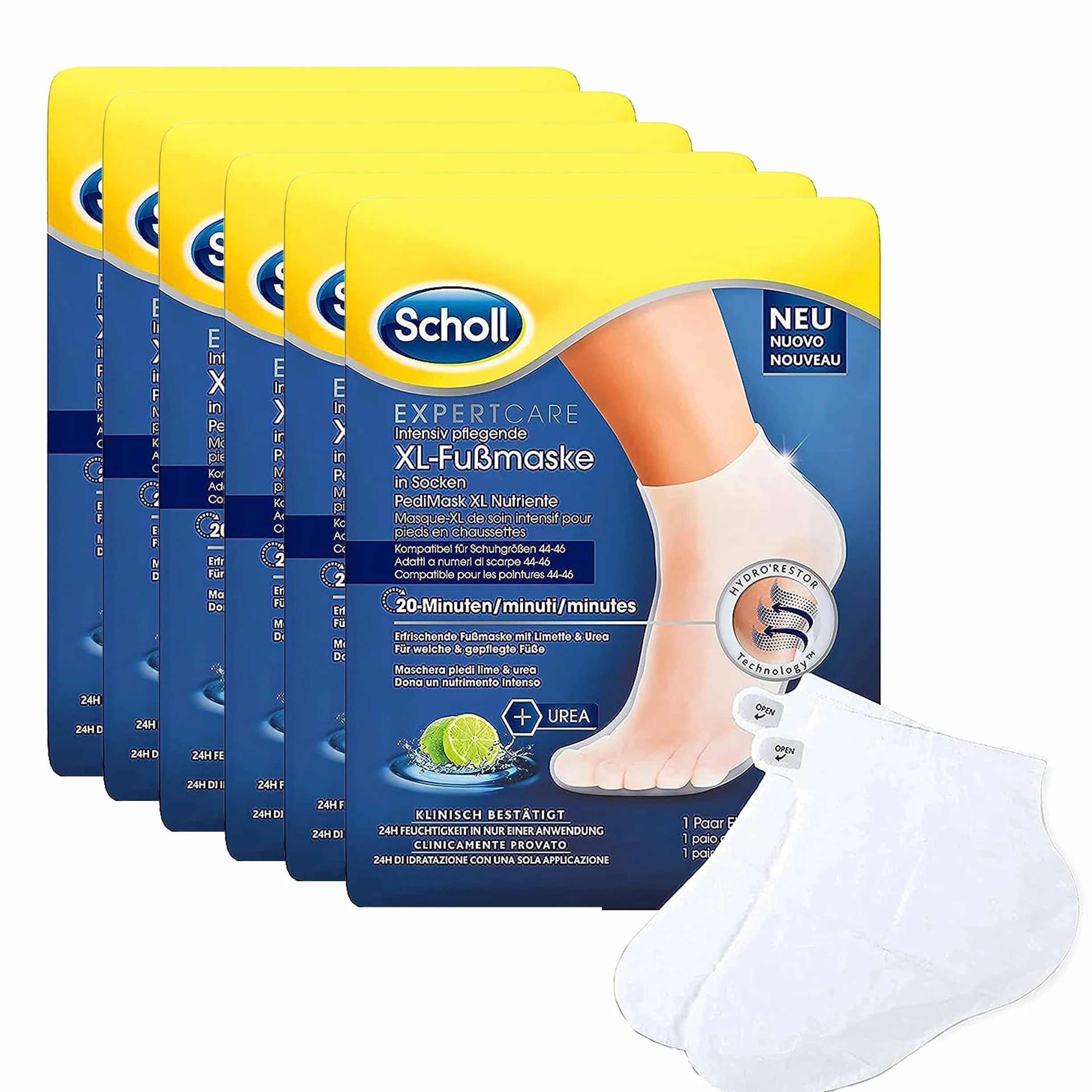 Scholl EC intensywnie pielęgnująca maska do stóp LimetteundUrea Bundle – nawilżająca pielęgnacja – 6 x 1 para jednorazowych skarpet.