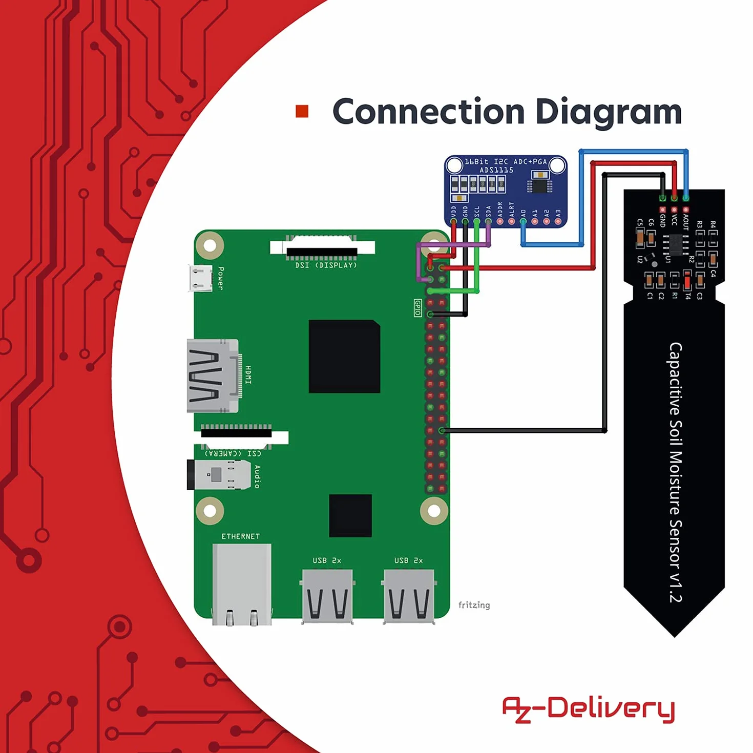 AZDelivery Czujnik Wilgotności Gleb Higrometr Moduł V1.2 Pojemnościowy Kompatybilny z Arduino Raspberry Pi