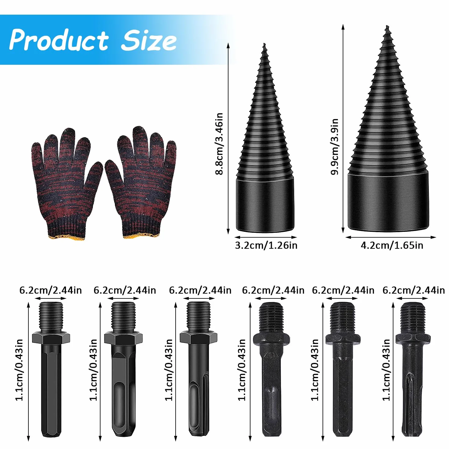 Łuparki stożkowe do drewna 32 mm/42 mm, zestaw 9 sztuk, Power Log