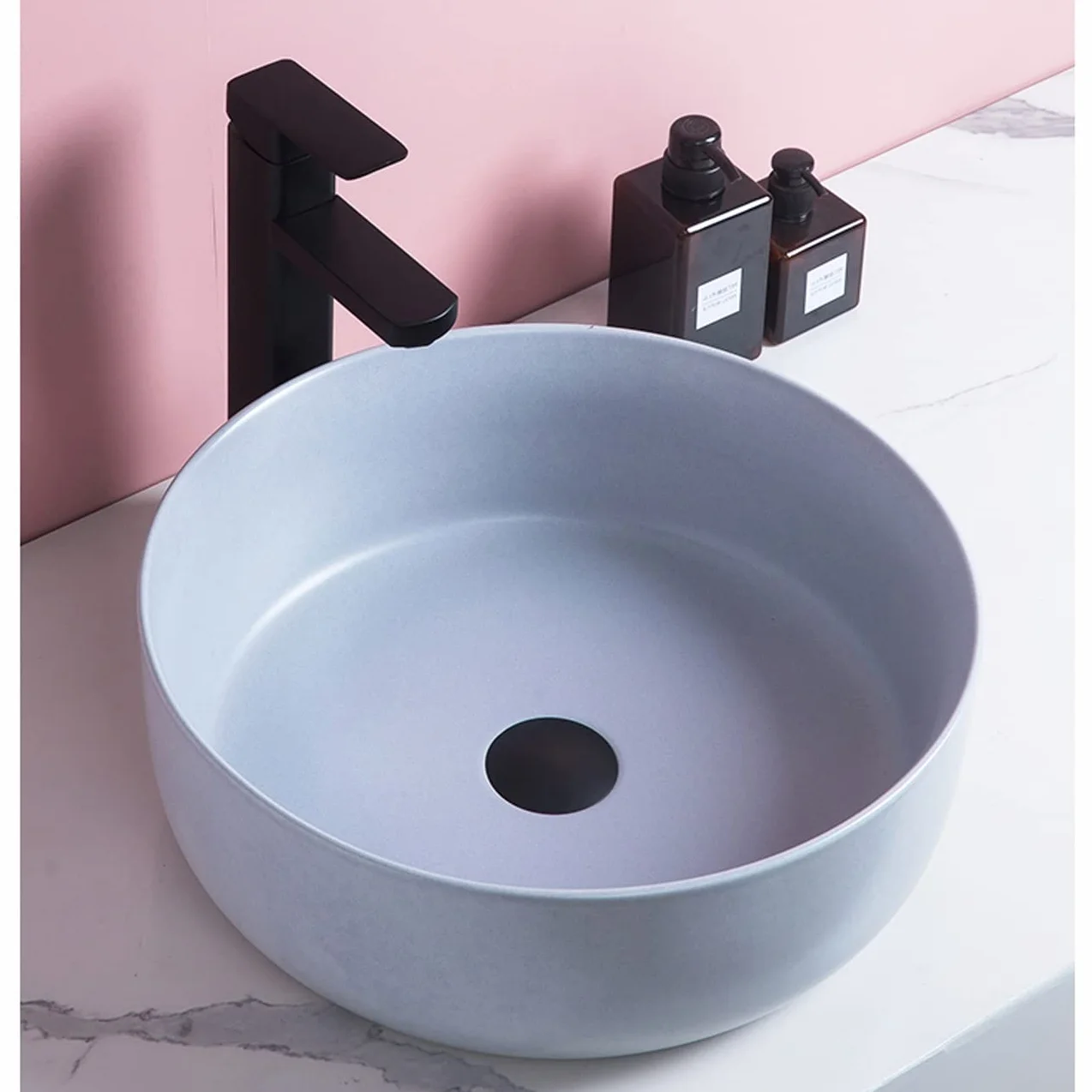 Umywalka Łazienkowa Nablatowa, Okrągła Porcelanowa Umywalka Artystyczna Z Czarnym Kranem I Odpływem, Ceramiczna Umywalka Nablatowa Do Łazienki W Barze
