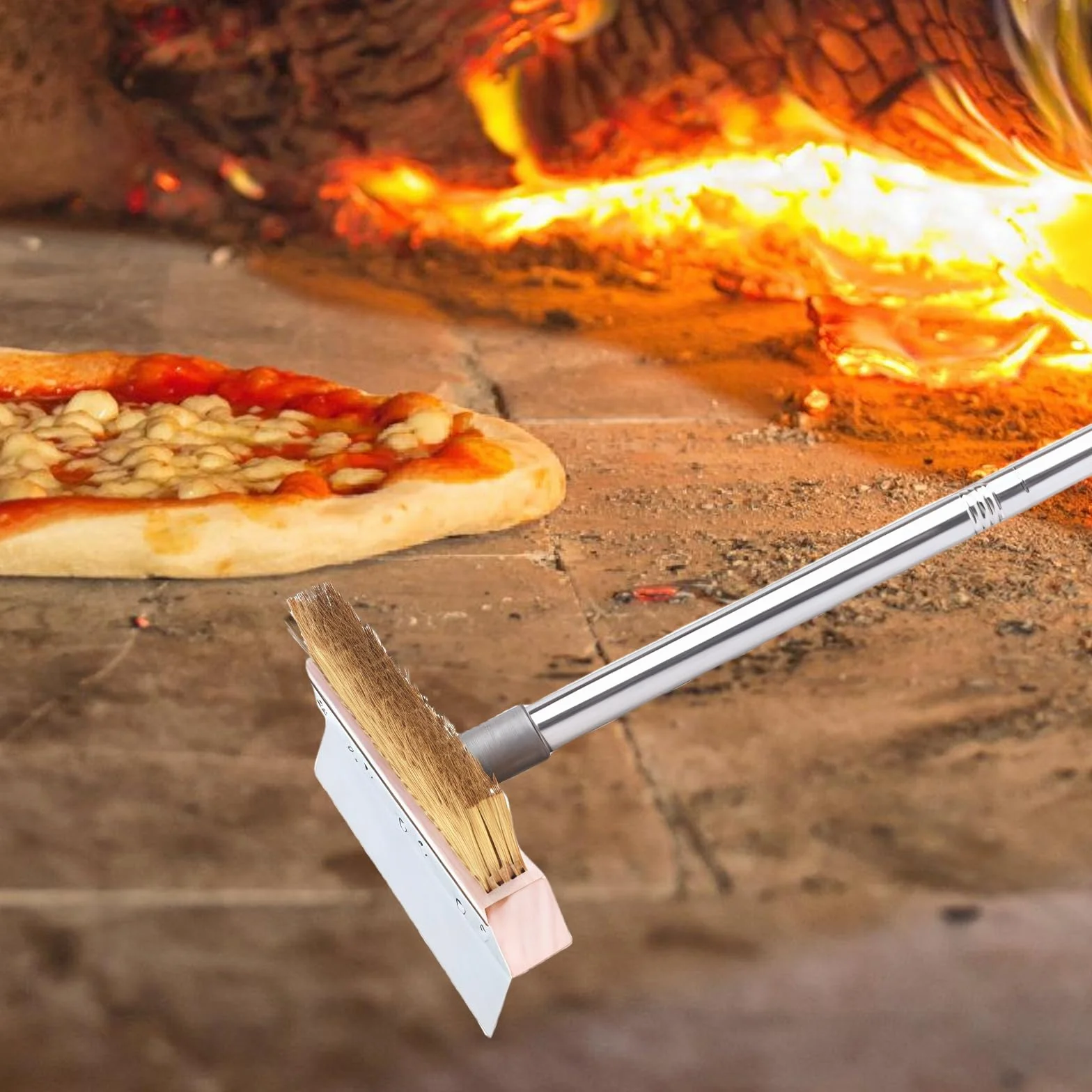 Szczotka do pieca do pizzy ze stalowym skrobakiem 120 cm mosiężna szczotka długi aluminiowy uchwyt