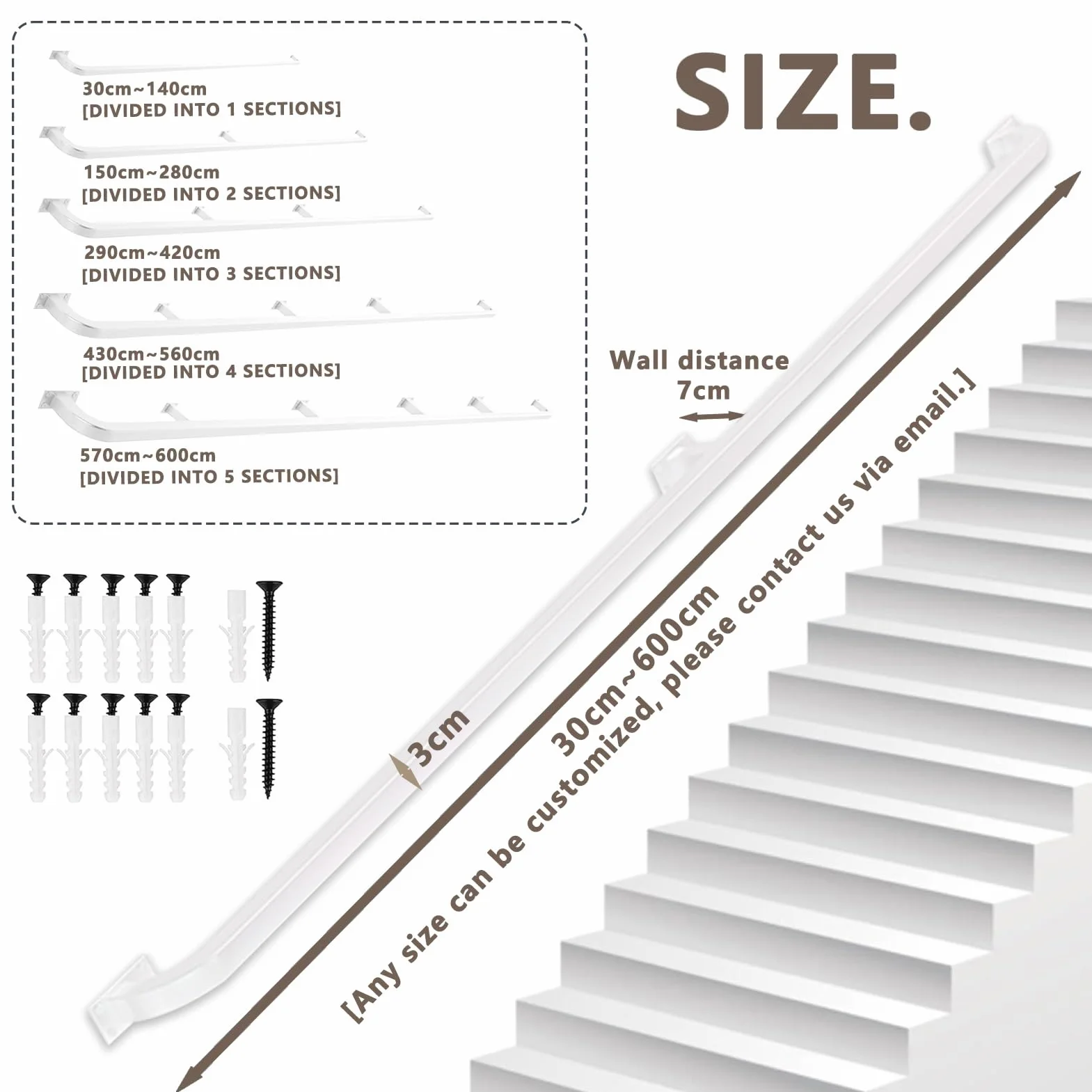 Białe kute żelazne poręcze schodowe z uchwytami ściennymi 150 cm