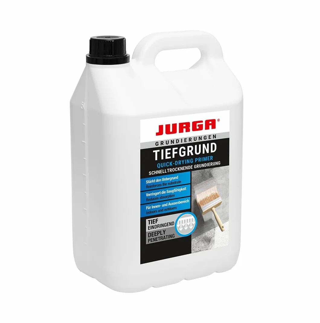 JURGA Tiefgrund Primer Plus 5l (≈50m²) Głęboko Penetrujący Grunt do Ścian i Podłóg, do Wnętrz i na Zewnątrz, 5L, Szybkoschnący
