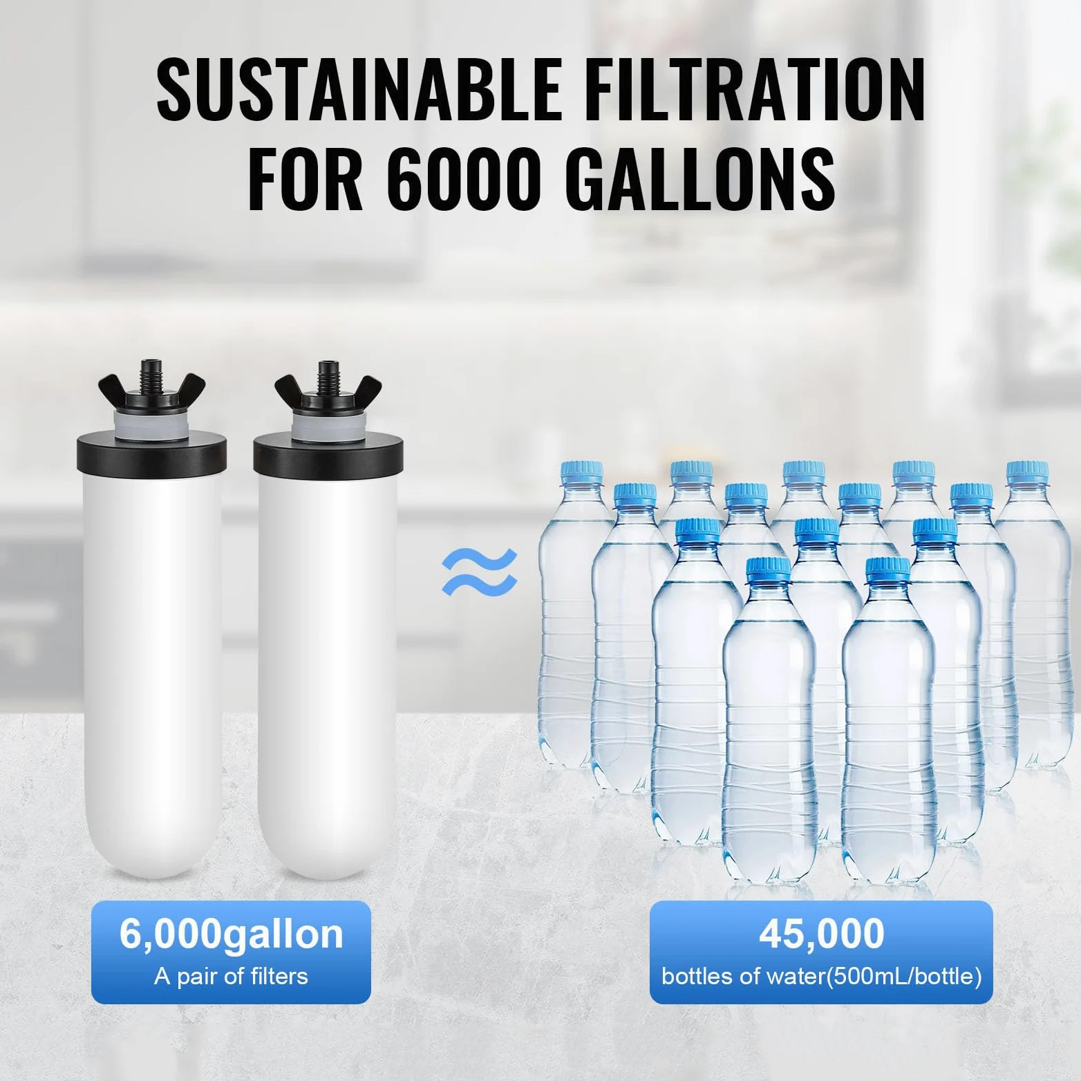 VEVOR System filtracji wody grawitacyjnej, system filtracji wody na blacie ze stali nierdzewnej 2,25G 304, redukuje ołów i do 99% chloru, z 2 ceramicznymi filtrami węglowymi, czopem i stojakiem