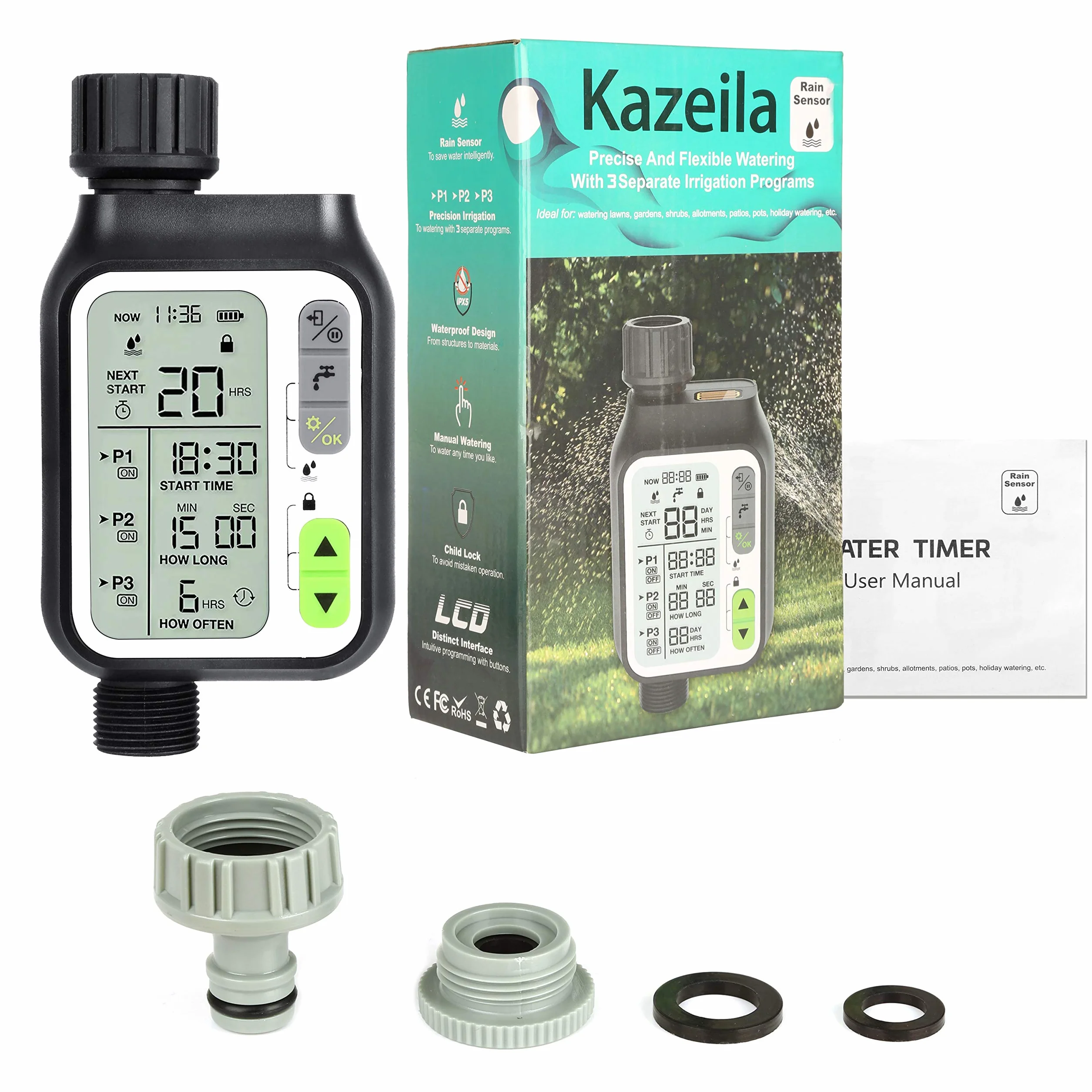Kazeila programator nawadniania, automatyczny timer nawadniania z 3 oddzielnymi systemami nawadniającymi/automatycznym czujnikiem deszczu/tryb blokady dla dzieci