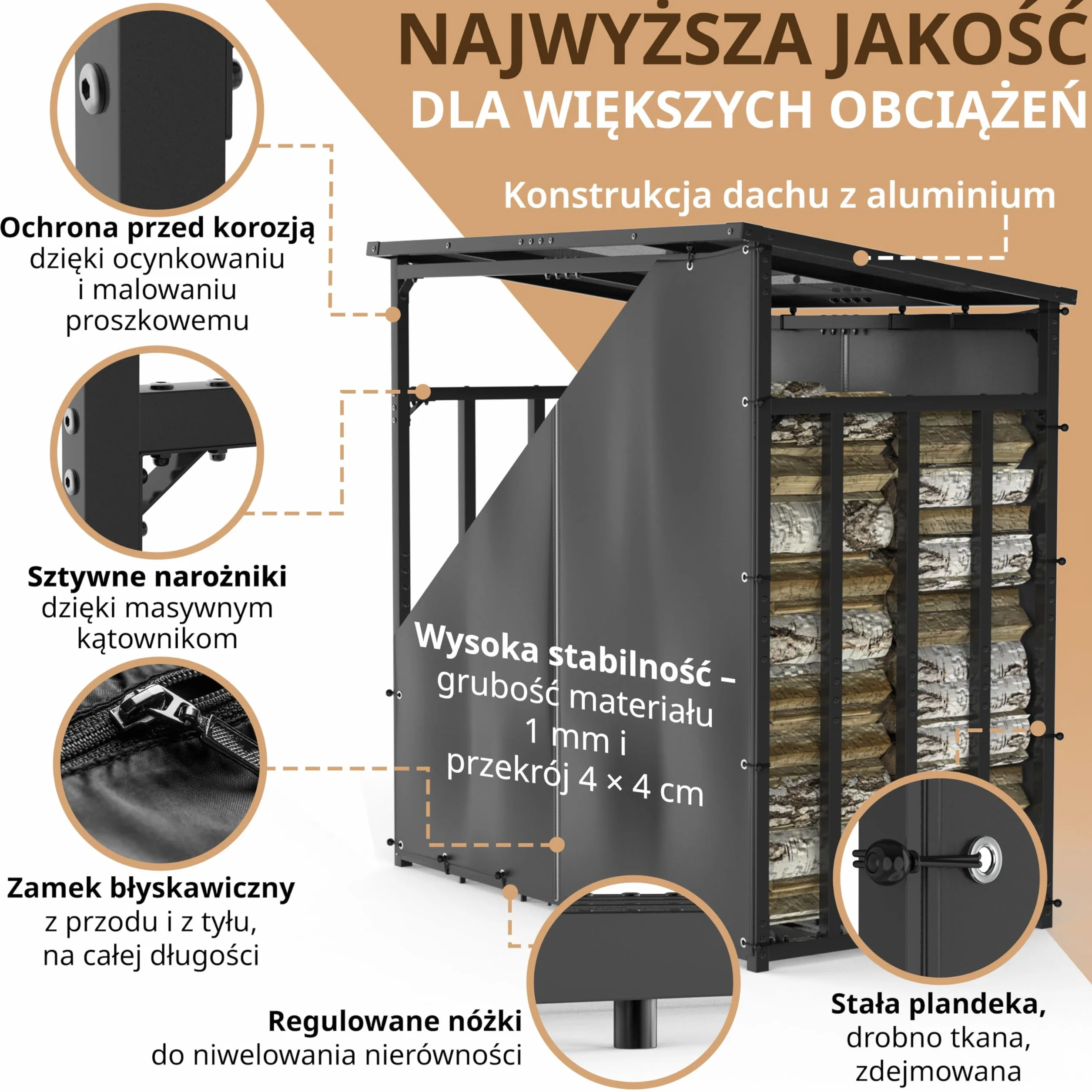 Stojak regał na drewno kominkowe 185x105x185 cm metalowy ocynkowany zadaszony antracytowy 3,5 t 5,25 m³