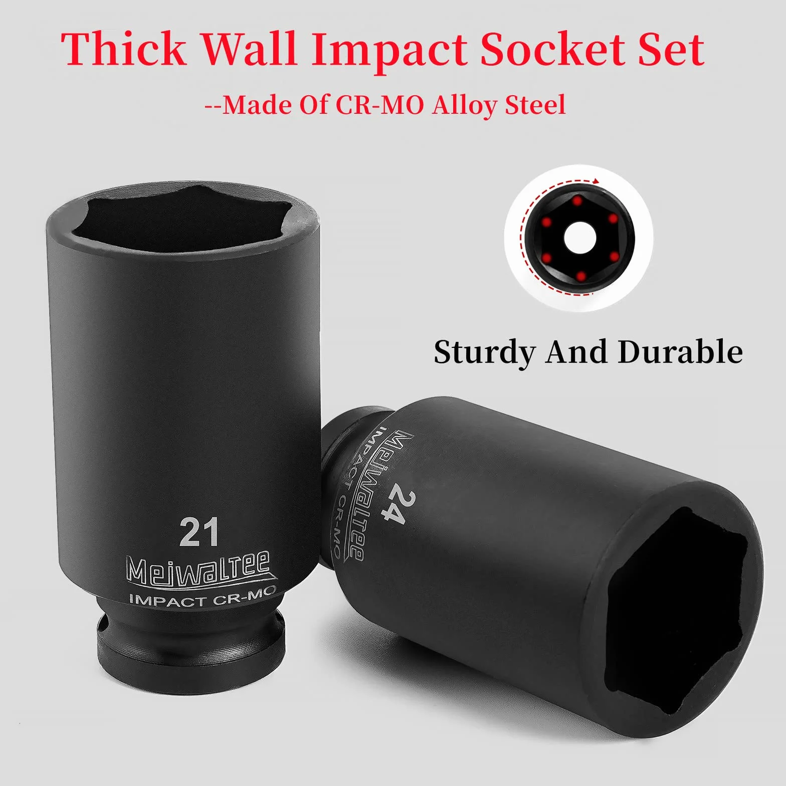 Zestaw nasadek udarowych, 8-32mm 1/2", 43 szt. nasadek udarowych, rozmiary metryczne 8 do 32 mm, 43-częściowy asortyment głęboki i płytki, stal CR-MO, przedłużacze, przegub uniwersalny i adapter