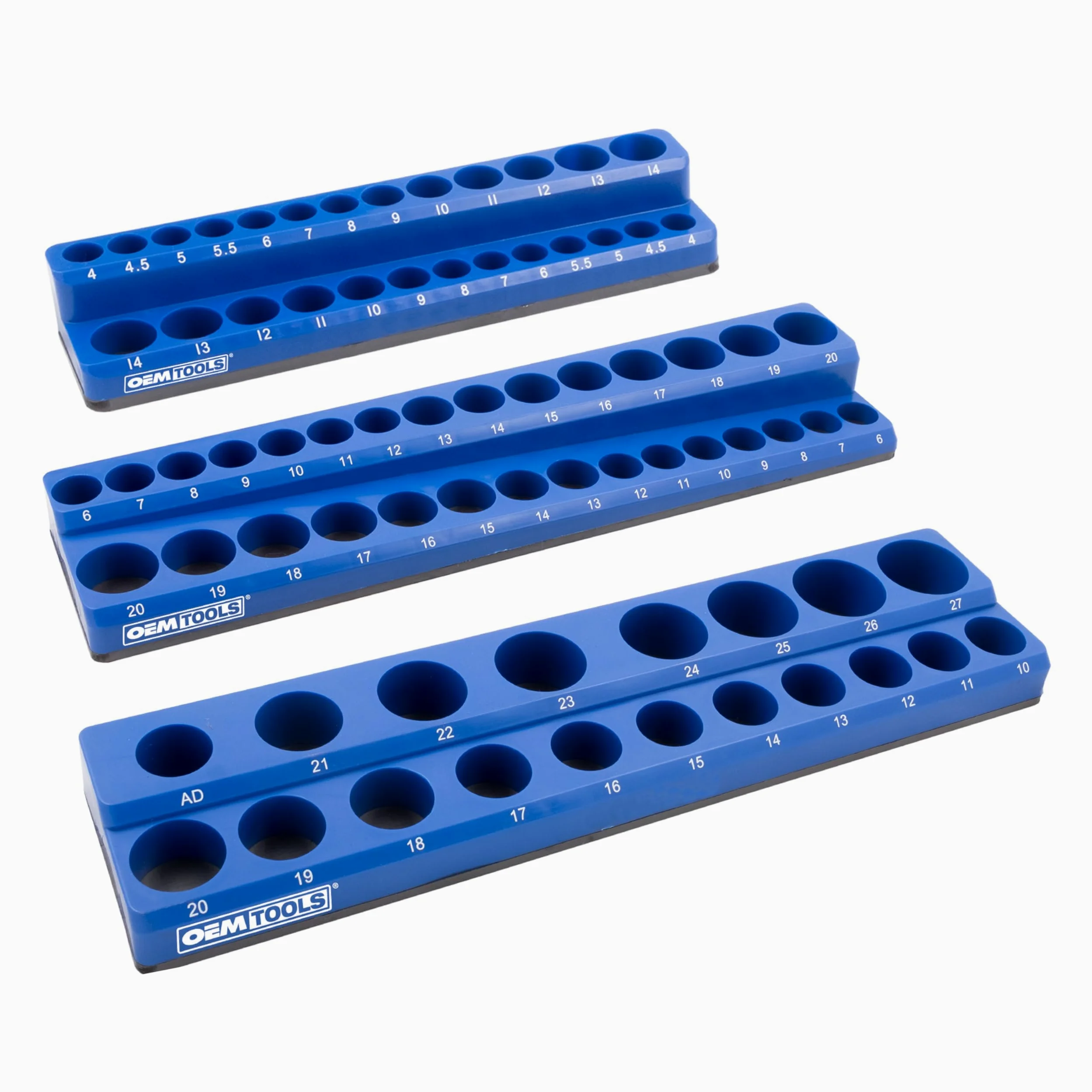 OEMTOOLS 22486 3-częściowy metryczny zestaw magnetycznych tacek nasadowych, magnetyczny organizer do gniazd mieści do 75 gniazd w rozmiarach 1/4", 3/8" i 1/2", niebieskie magnetyczne uchwyty do gniazd