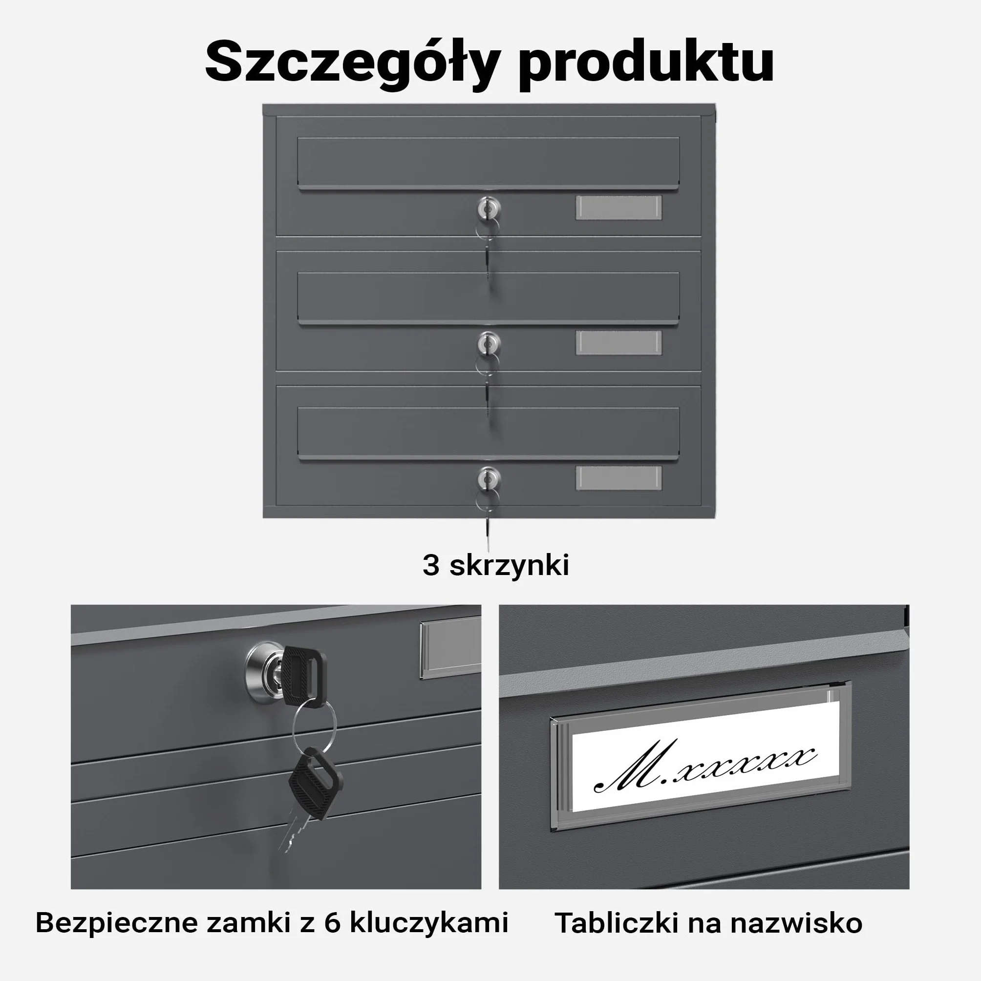 Wiltec Wolnostojąca potrójna skrzynka na listy antracytowa, stalowa z 3 skrzynkami pocztowymi zamykana na klucz, stojąca do montażu podłogowego