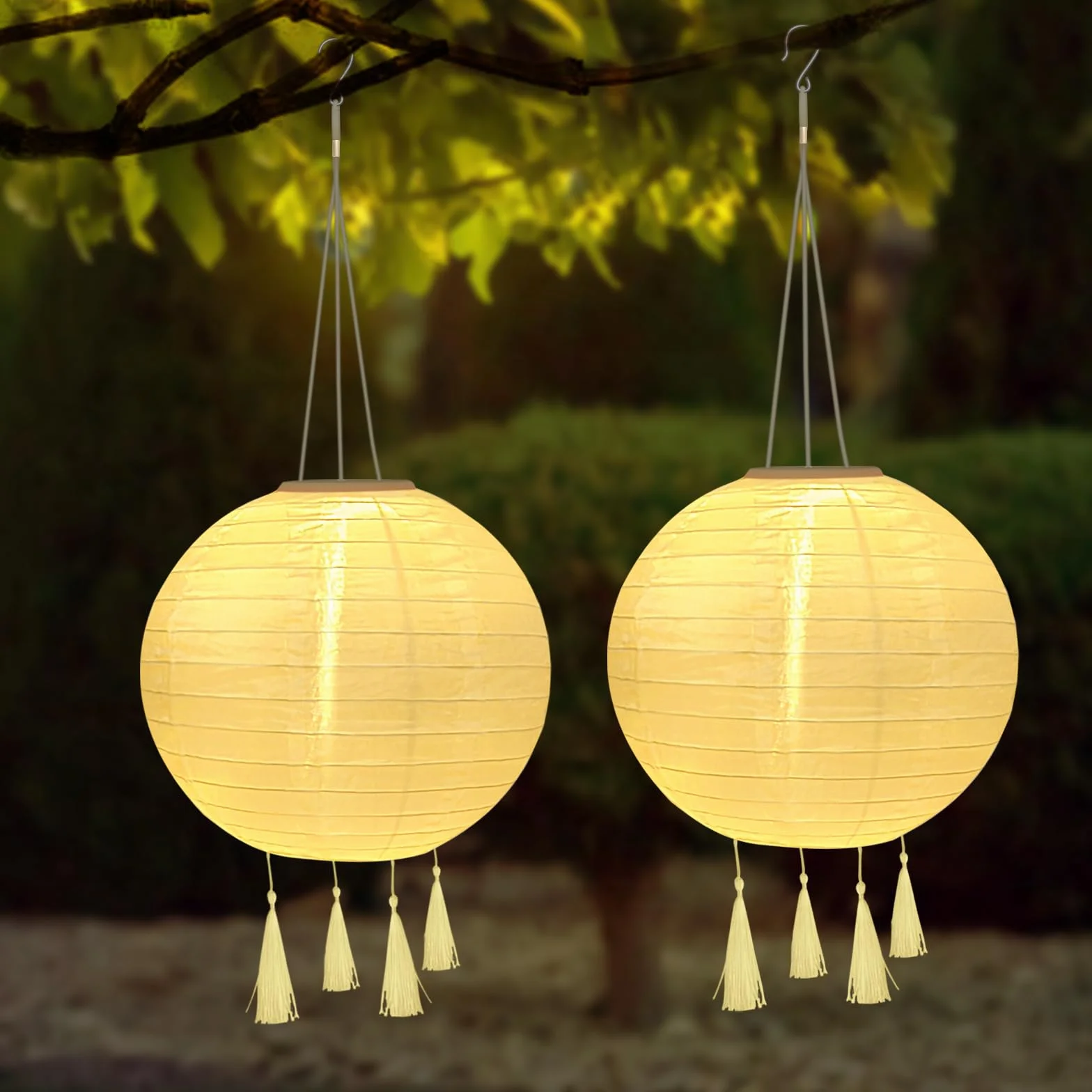 Lampiony solarne, 2 sztuki, 30 cm, do użytku na zewnątrz, odporne na warunki atmosferyczne, wodoszczelne lampiony LED z 4 frędzlami, wisząca nylonowa latarnia do ogrodu, na podwórko, balkon