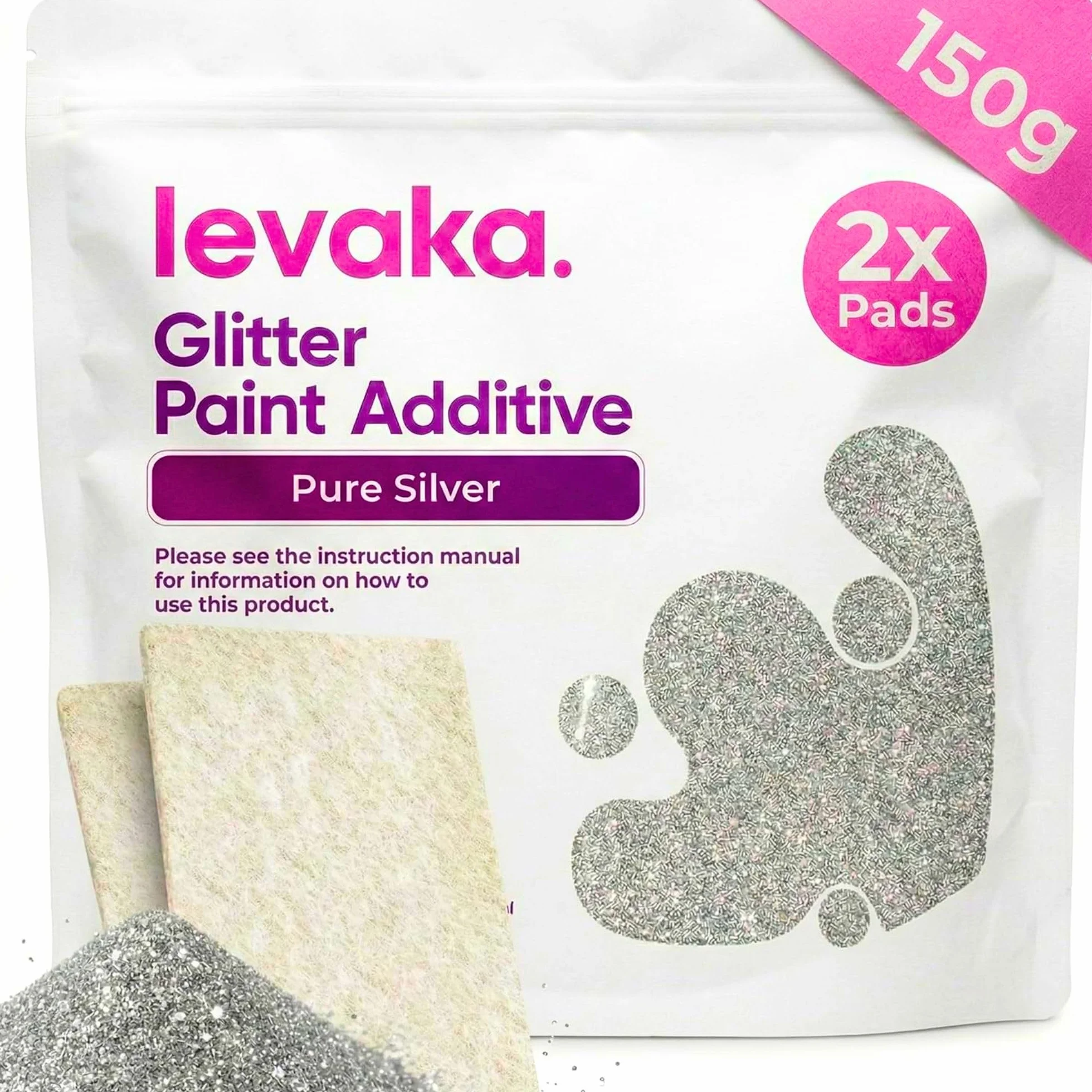 Levaka 150g Czyste Srebro Brokat do Farby – 2 x Nakładki Polerujące – Brokat do Ścian Mieszalny z Każdym Rodzajem Farby Emulsyjnej – Lśniące Brokatowe Ściany Wewnątrz i na Zewnątrz, Sufity, Drewno