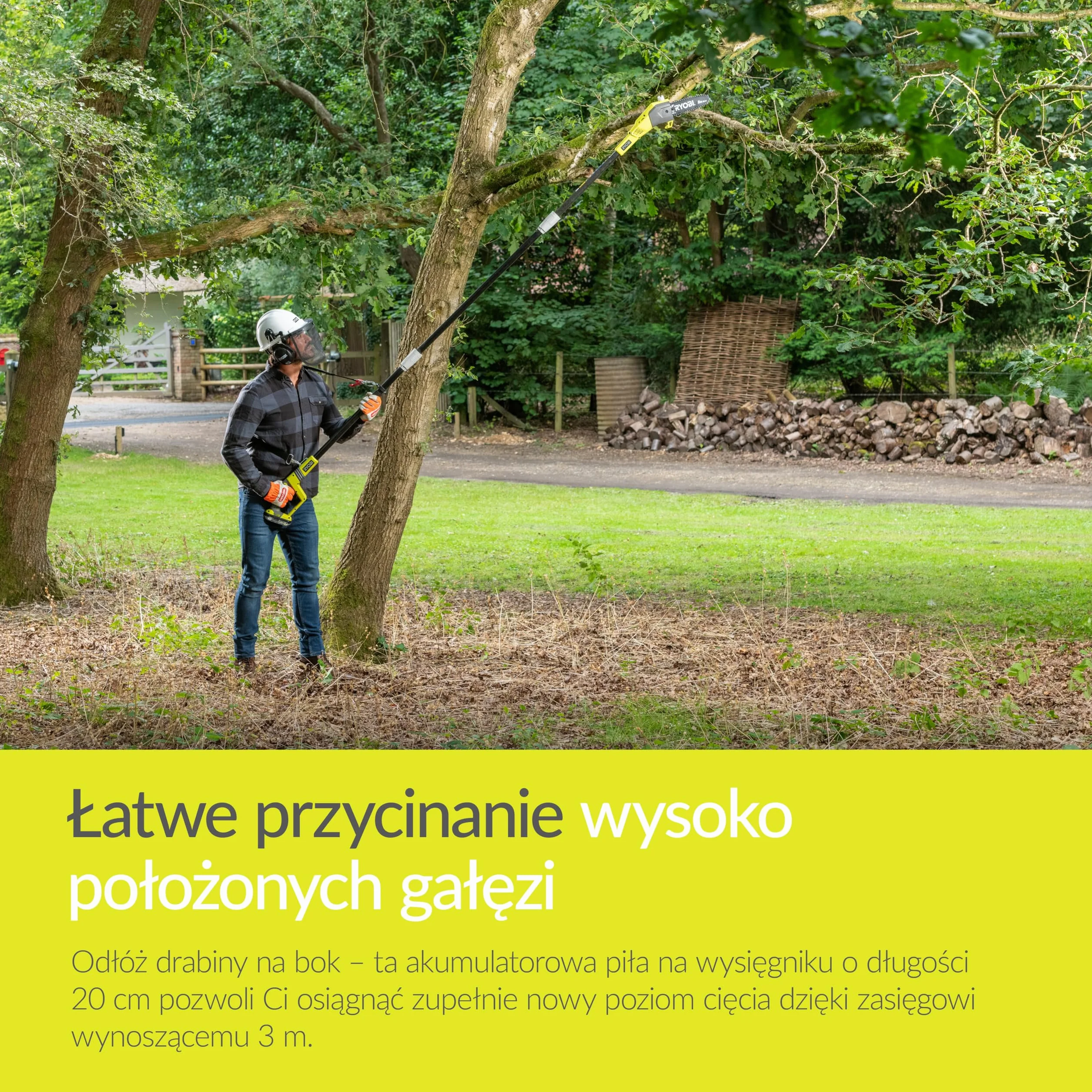Ryobi Pilarka do Gałęzi 18 V OPP1820 Wysięgnik Długość Prowadnicy 20 cm Regulowana Długość Trzonka 3 m bez Akumulatora