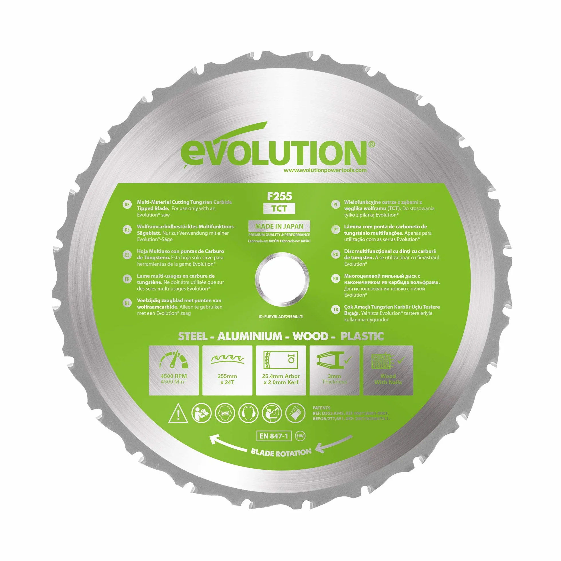 Evolution Power Tools Tarcza do cięcia wielu materiałów F255TCT - 24T (Fury) TCT 255 mm z zębami tnie drewno, metal, plastik i nie tylko