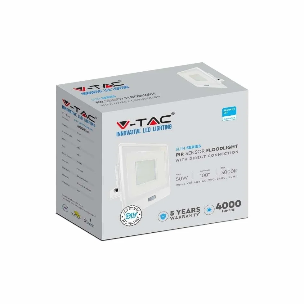 V-TAC Zewnętrzny reflektor LED z chipem Samsung 50 W, wodoodporny czujnik PIR w kolorze białym, zimne białe światło