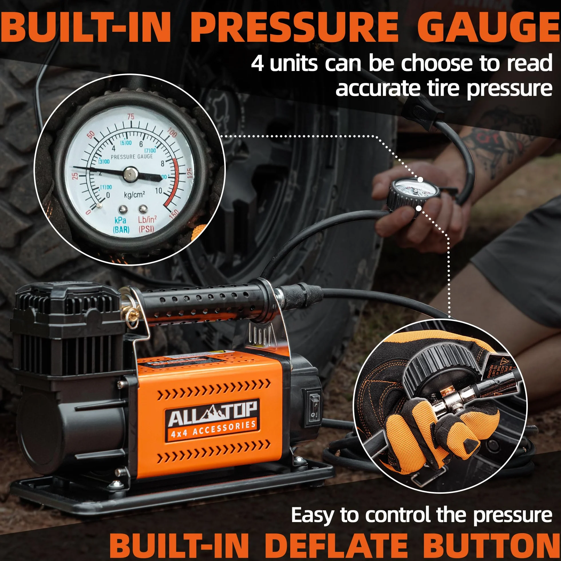 WERPOWER All-Top 4X4 I 12V DC Przenośna sprężarka powietrza Maximum Tire Pressure 150PSI Wskaźnik przepływu 180L/min (160L Sprężarka powietrza)