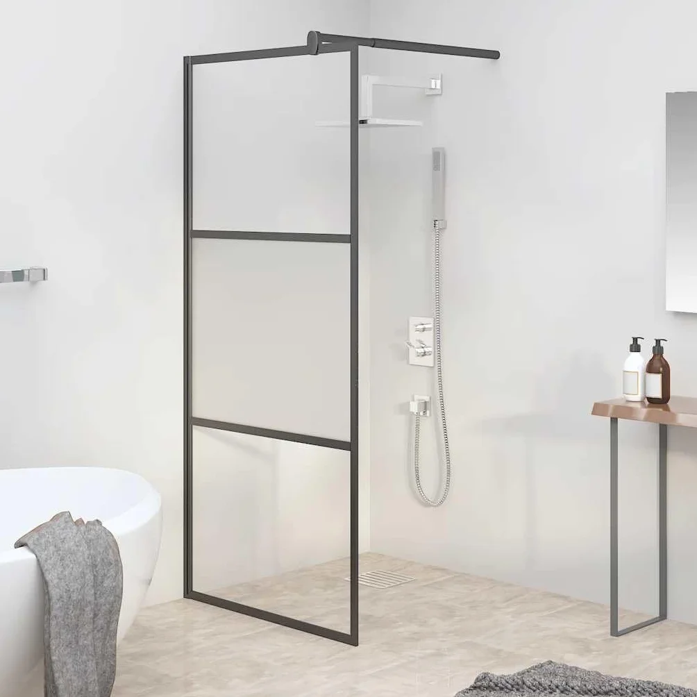 Ścianka prysznicowa Walk-In 90 x 195 cm półmatowe szkło ESG czarne z aluminiową ramą, regulowana, ochrona przed pryskaniem, stabilny drążek podporowy, nowoczesna ścianka działowa