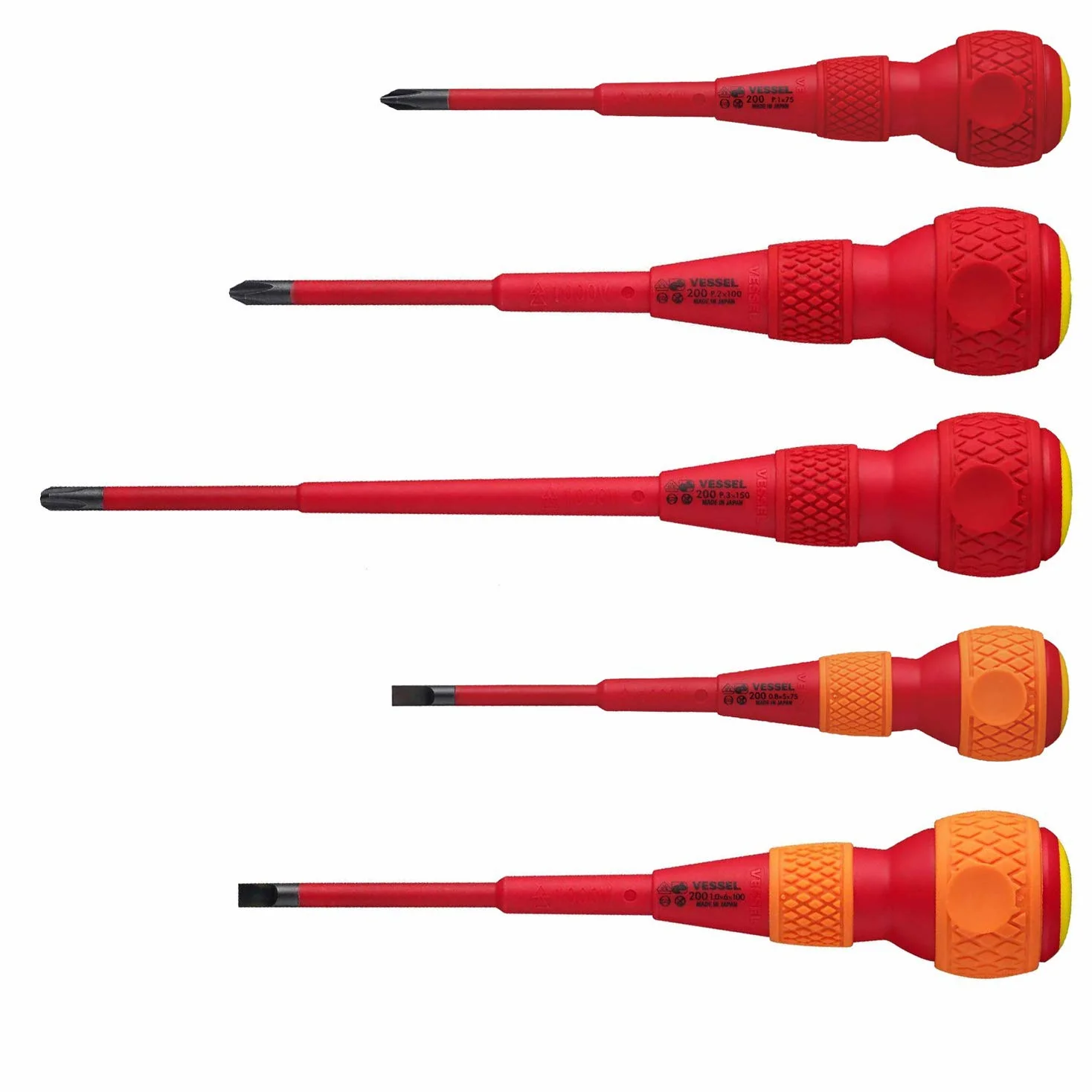 VESSEL Śrubokręt BALL GRIP VDE (izolowany) krzyżak/płaski, zestaw 5 szt