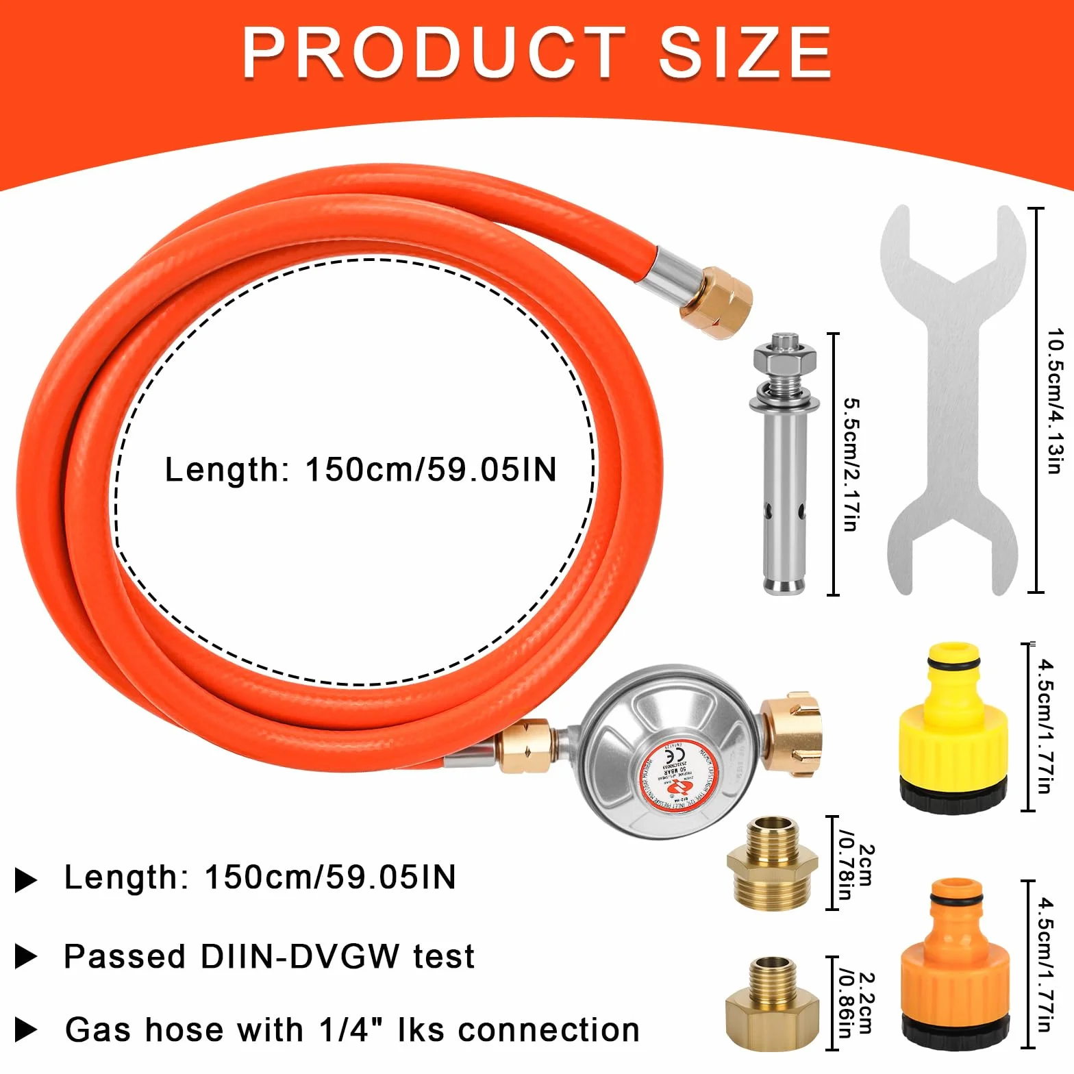 Regulator ciśnienia gazu 50 mbar wąż gazowy 150 cm gwint zewnętrzny 1/4"-19 LH do grilla gazowego pomarańczowy