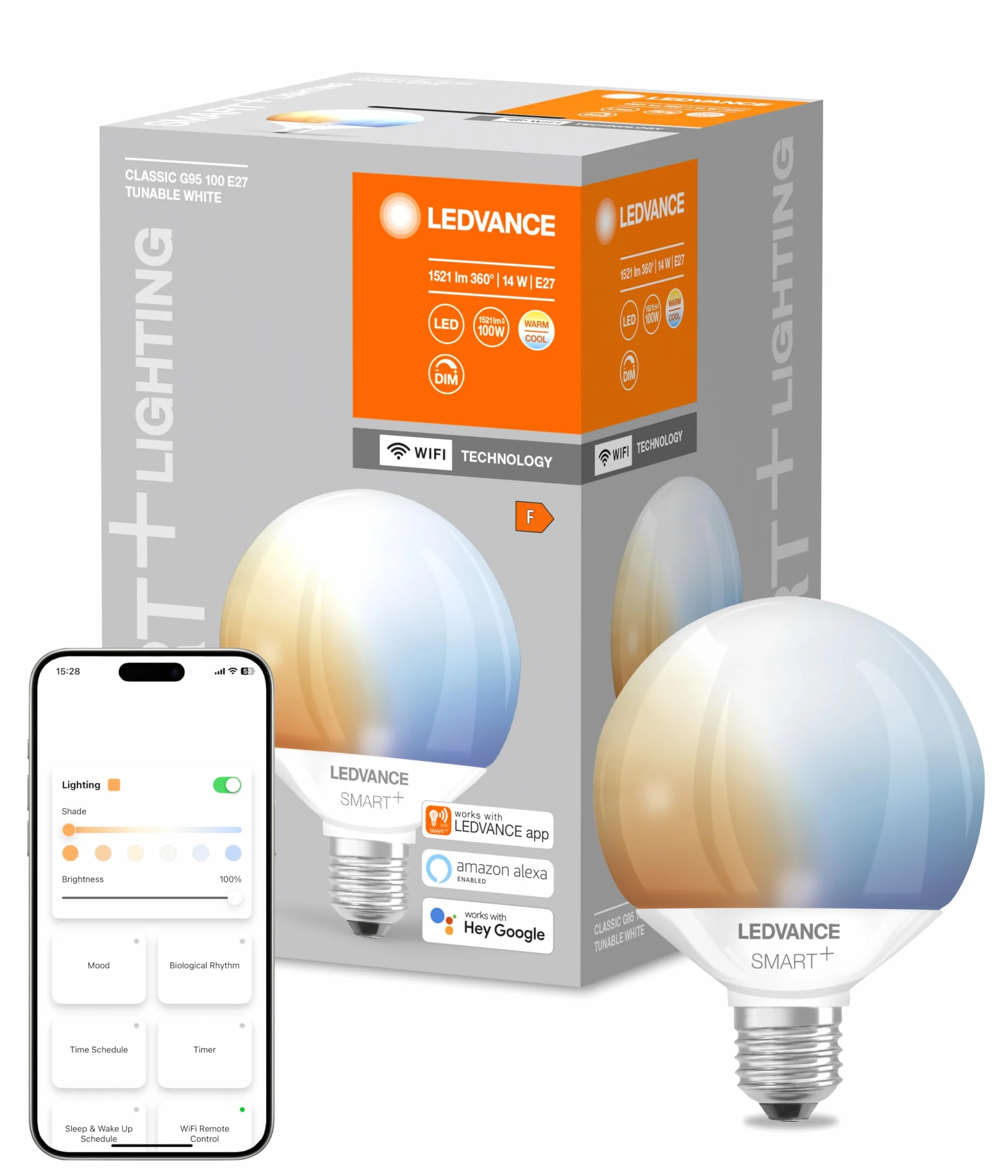 LEDVANCE Inteligentna lampa LED z Wifi, Trzonek E27, Ściemnianie, Możliwość zmiany barwy światła (2700-6500K), Kształt kuli, Matowa, Sterowanie za pomocą Alexa, Google