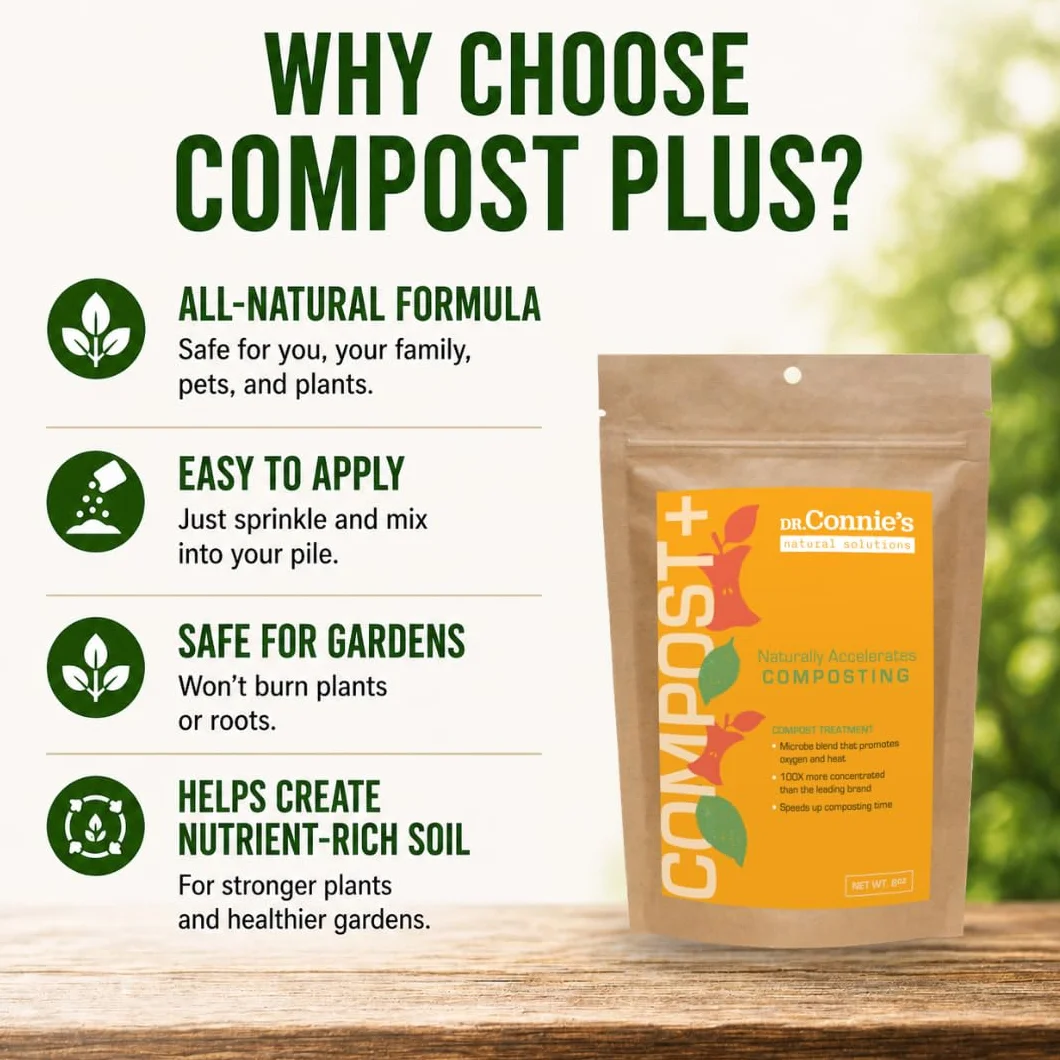 Dr. Connie's Compost Plus, 100 x skoncentrowany naturalny kompost Starter i przyspieszacz, całkowicie naturalny, kontrola zapachu do pojemników wewnątrz i na zewnątrz, szybka dekompozycja