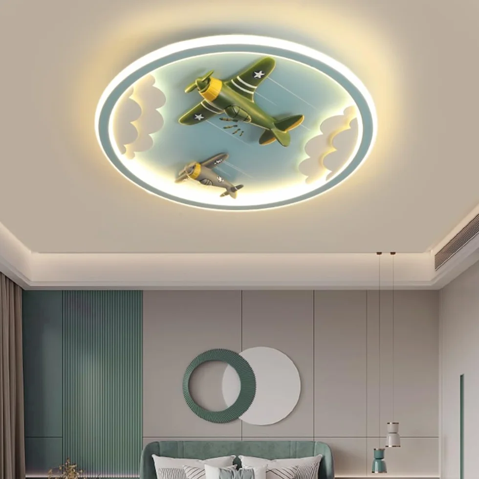 Lampa Sufitowa LED Samolot dla Dzieci Ściemnialna z Pilotem Okrągła Niebieska 50cm
