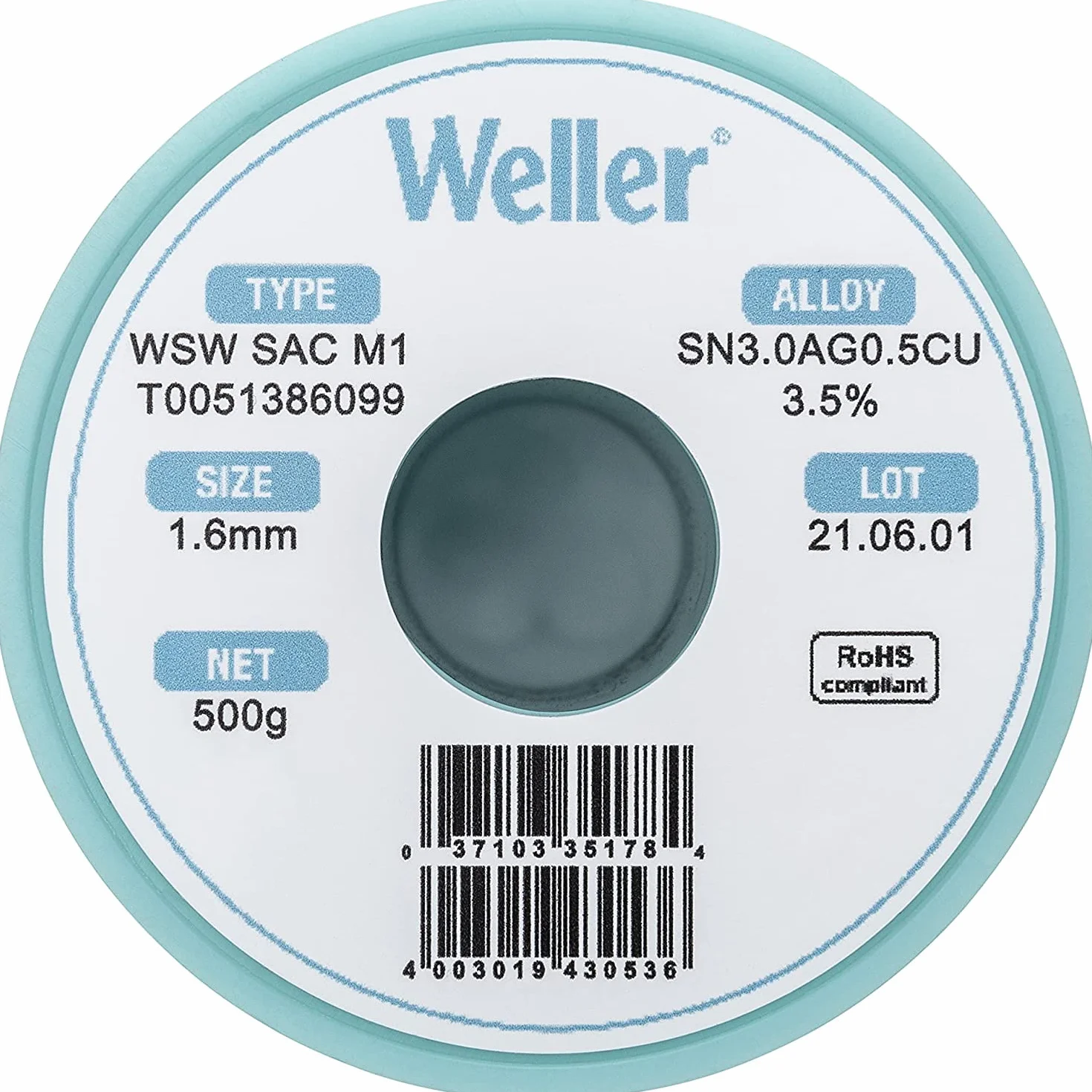 Weller WSW SAC M1 (T0051386099) bezołowiowy drut lutowniczy, Ø 1,6 mm, stop Sn96.5Ag3Cu0.5, zawartość topnika 3,5%, 500 g