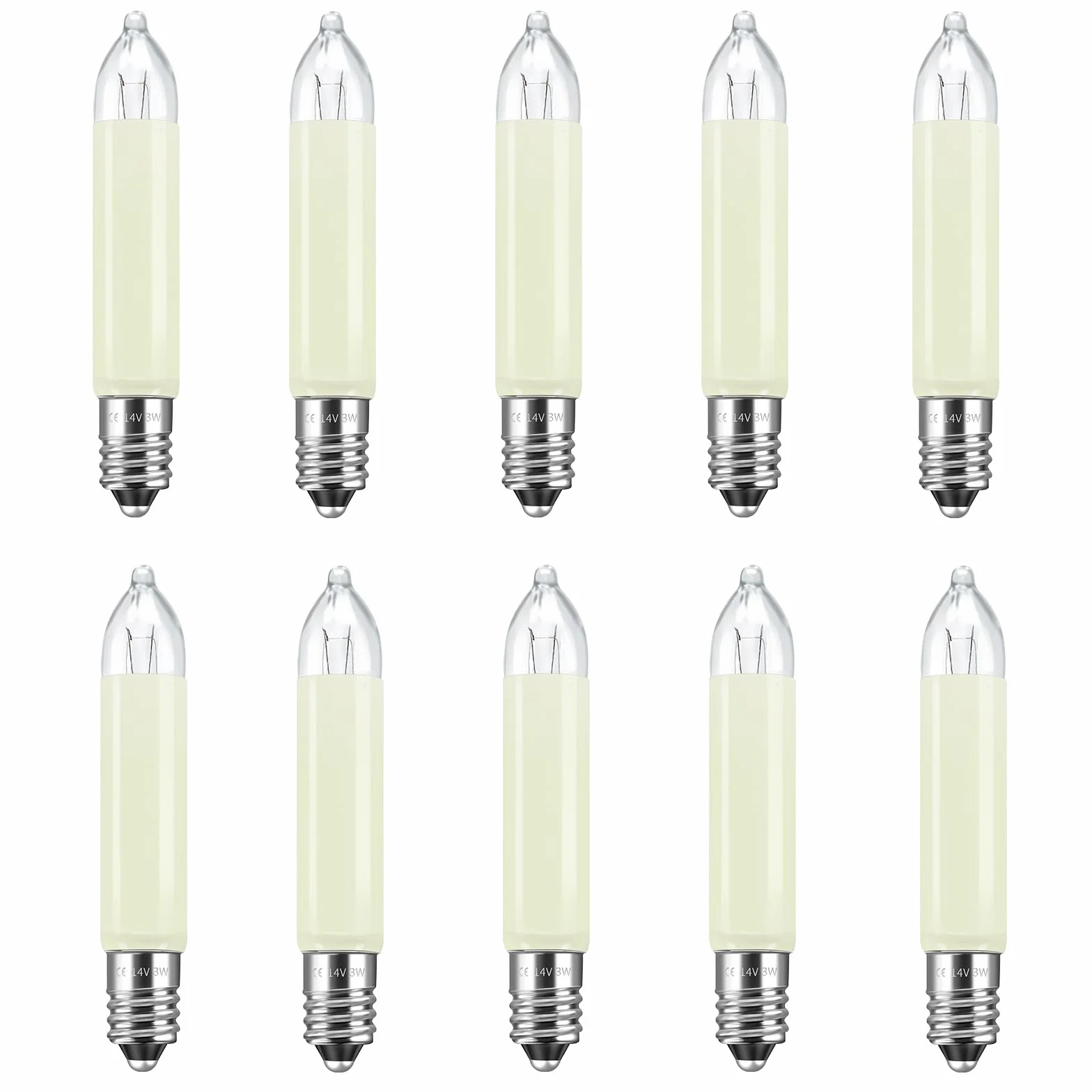 Caldarax 10 sztuk żarówek E10, 14 V, 3 W, żarówki zastępcze, świece małe, ciepła biel 2700 K, 30 lm, małe świece z trzonkiem, do łańcuchów świetlnych, łuków, choinek, 10 sztuk