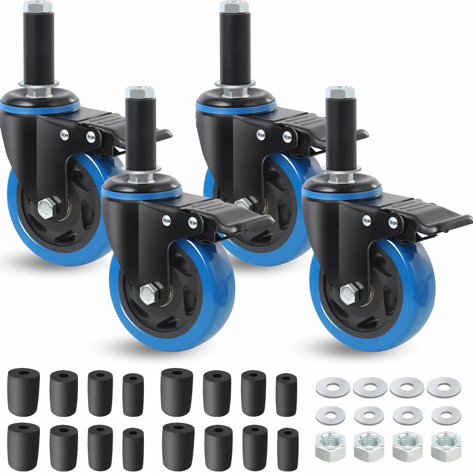 Zestaw kółek obrotowych, 100 mm, kółka do dużych obciążeń z mechanizmem blokującym, 4 sztuki, z adapterem rozszerzającym 23-40 mm