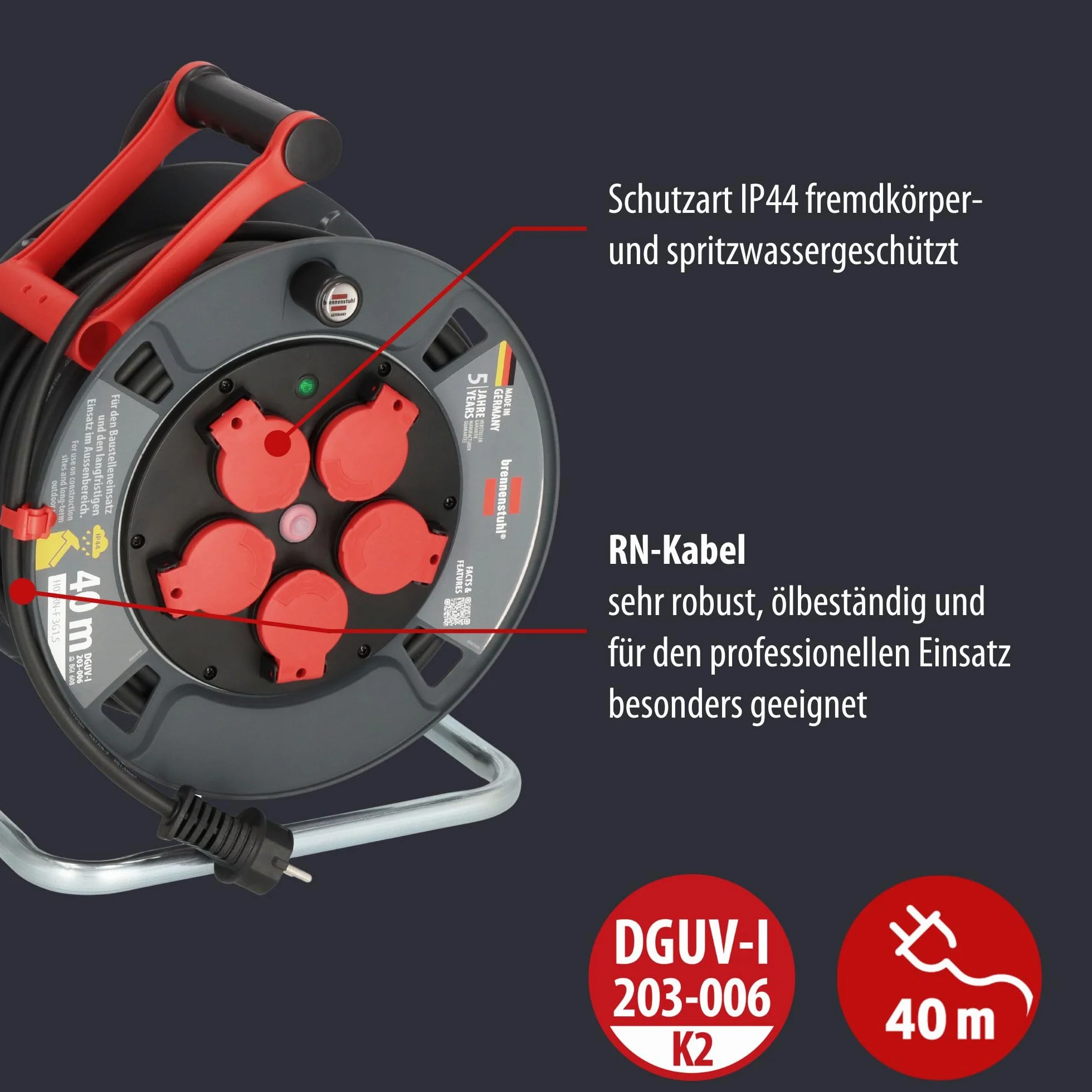 Brennenstuhl Professional bęben kablowy 300 KU 2100 (kabel 25 m w kolorze czarnym, wykonany ze specjalnego tworzywa sztucznego, do użytku na budowie i do stałego użytku na zewnątrz, Made in Germany)