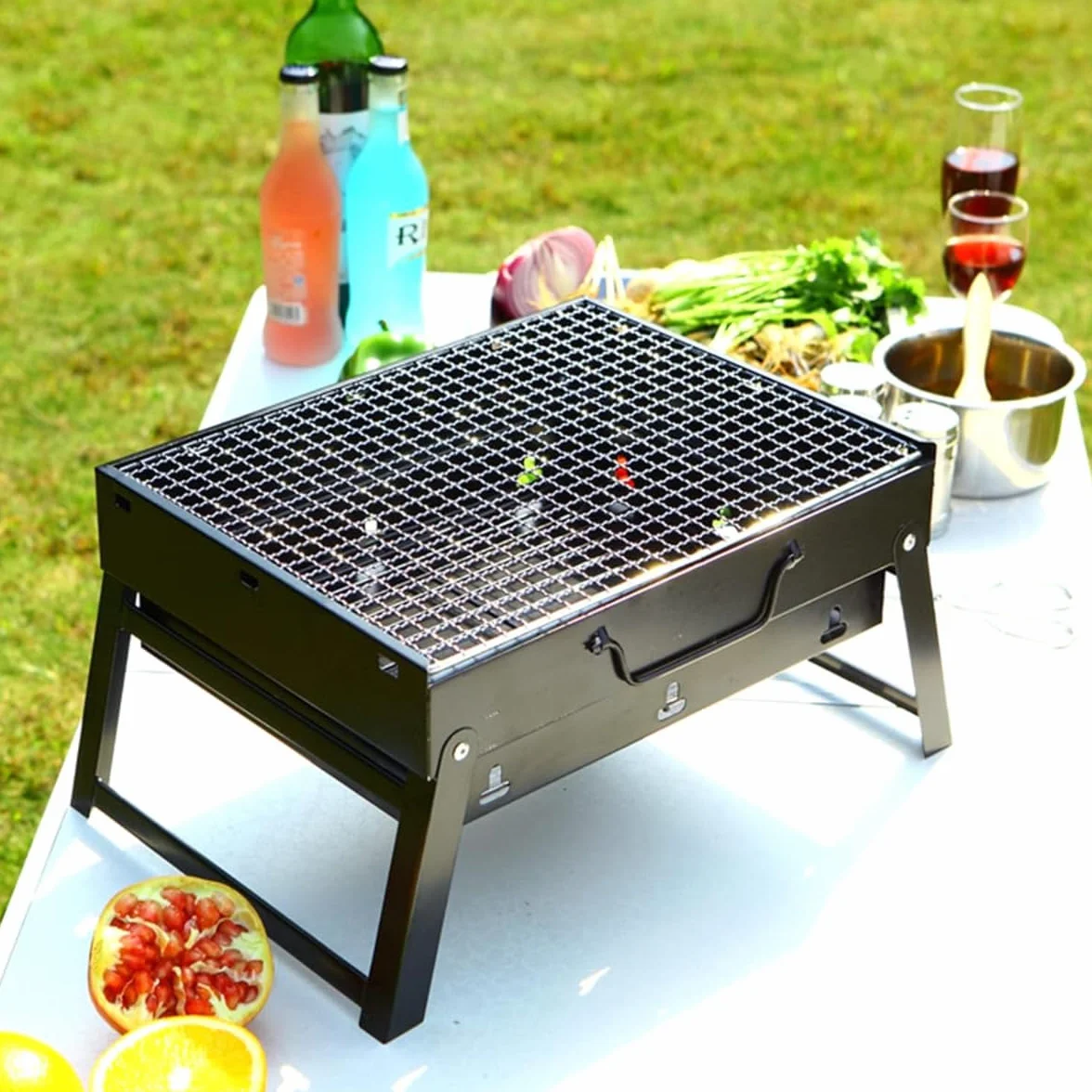 Grill ogrodowy, grill na węgiel drzewny, przenośny, składany, turystyczny z węgla drzewnego, na kemping, ze stali nierdzewnej (TG71421)