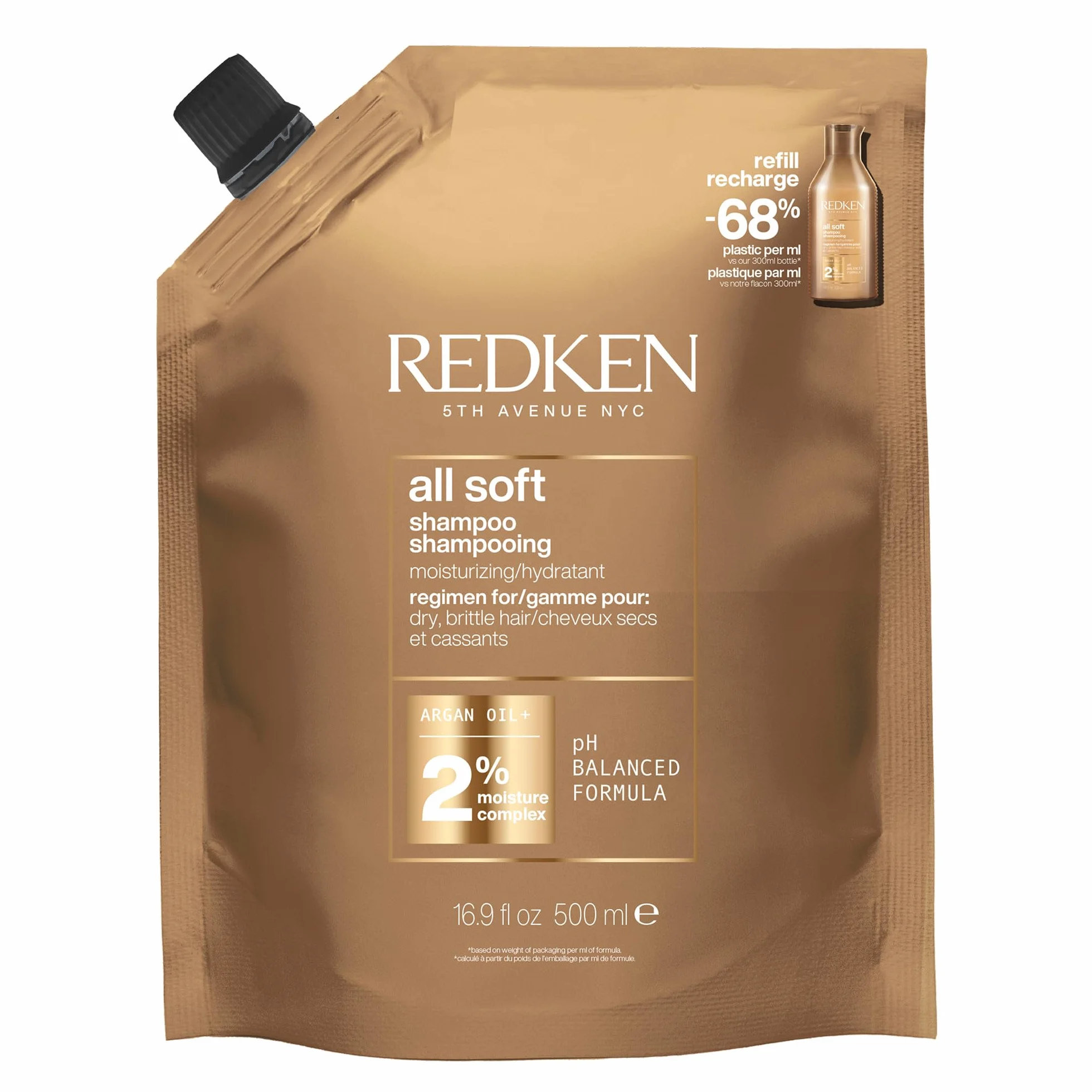 Redken Szampon do włosów suchych i łamliwych włosów, ożywia i nawilża z omega-6 i olejkiem arganowym, szampon All Soft, 1 x 500 ml opakowanie uzupełniające