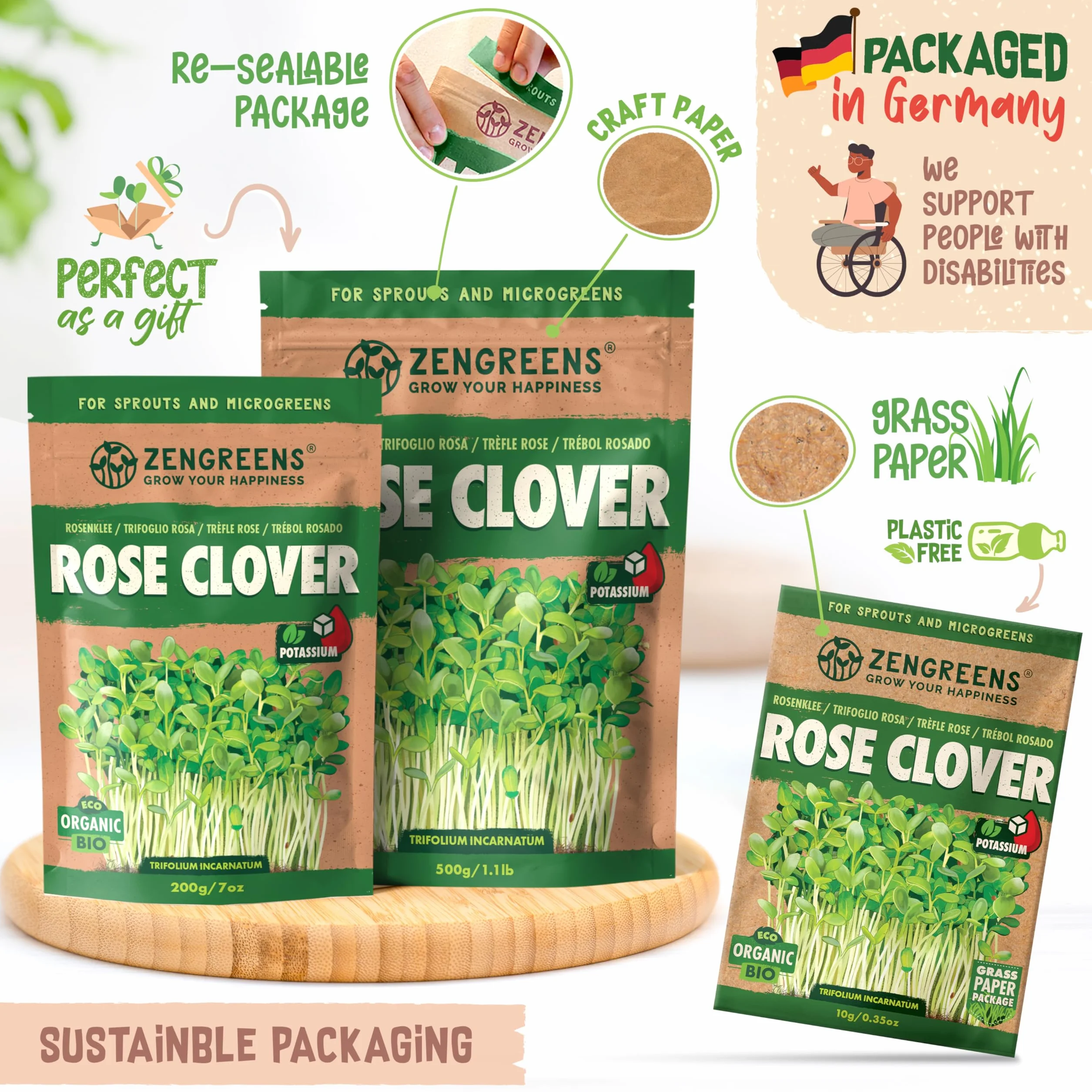 ZenGreens® - Organiczne nasiona koniczyny różanej - Wybierz pomiędzy 10, 200 g i 500 - nasiona koniczyny różanej o zdolności kiełkowania ponad 97% - nasiona koniczyny różanej kiełki