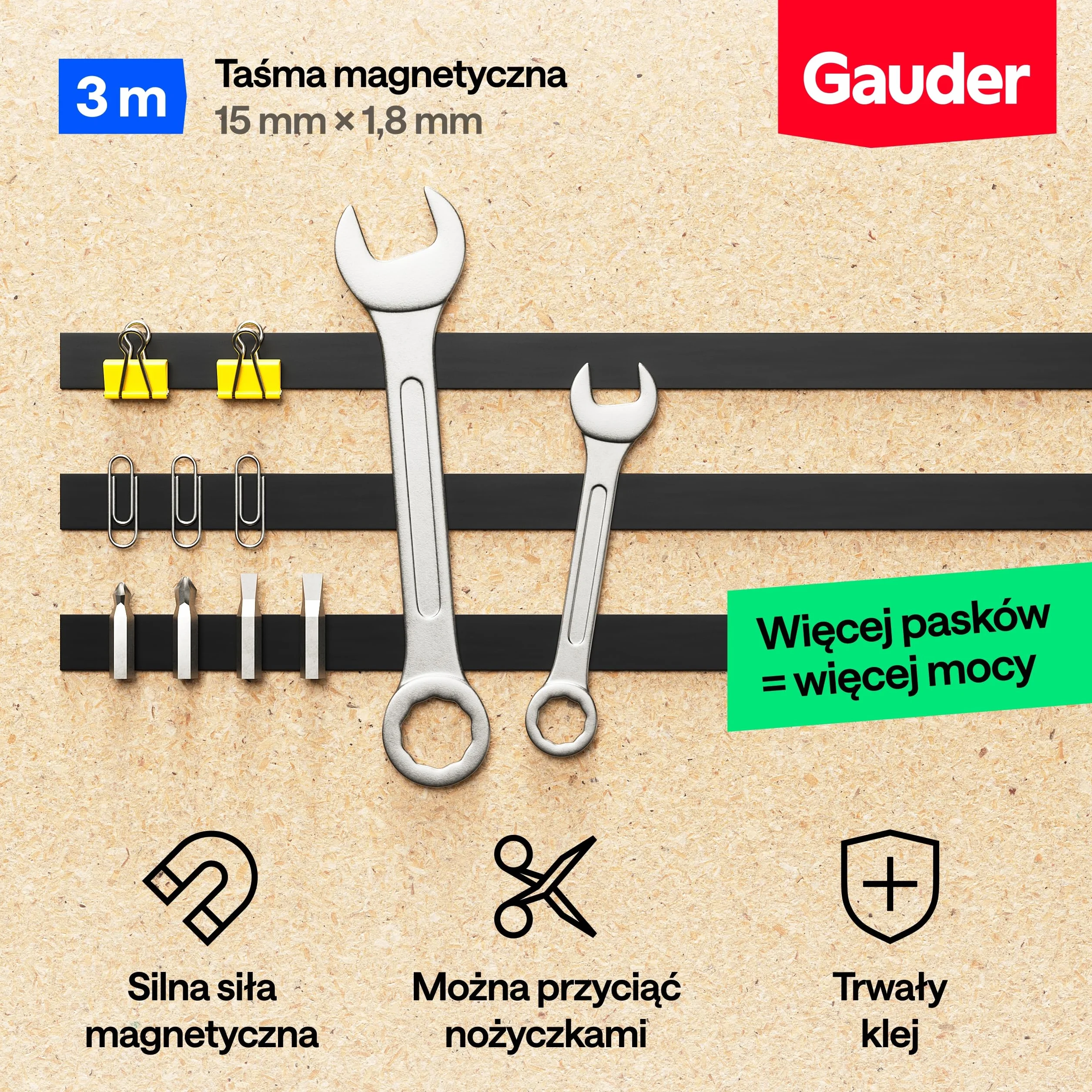 GAUDER Taśma Magnetyczna z Klejem 3M - Samoprzylepny Pasek Magnetyczny do Cięcia - Mocny Magnes z Wysoką Przyczepnością i Trwałą Warstwą 3M (3 m x 15 mm)