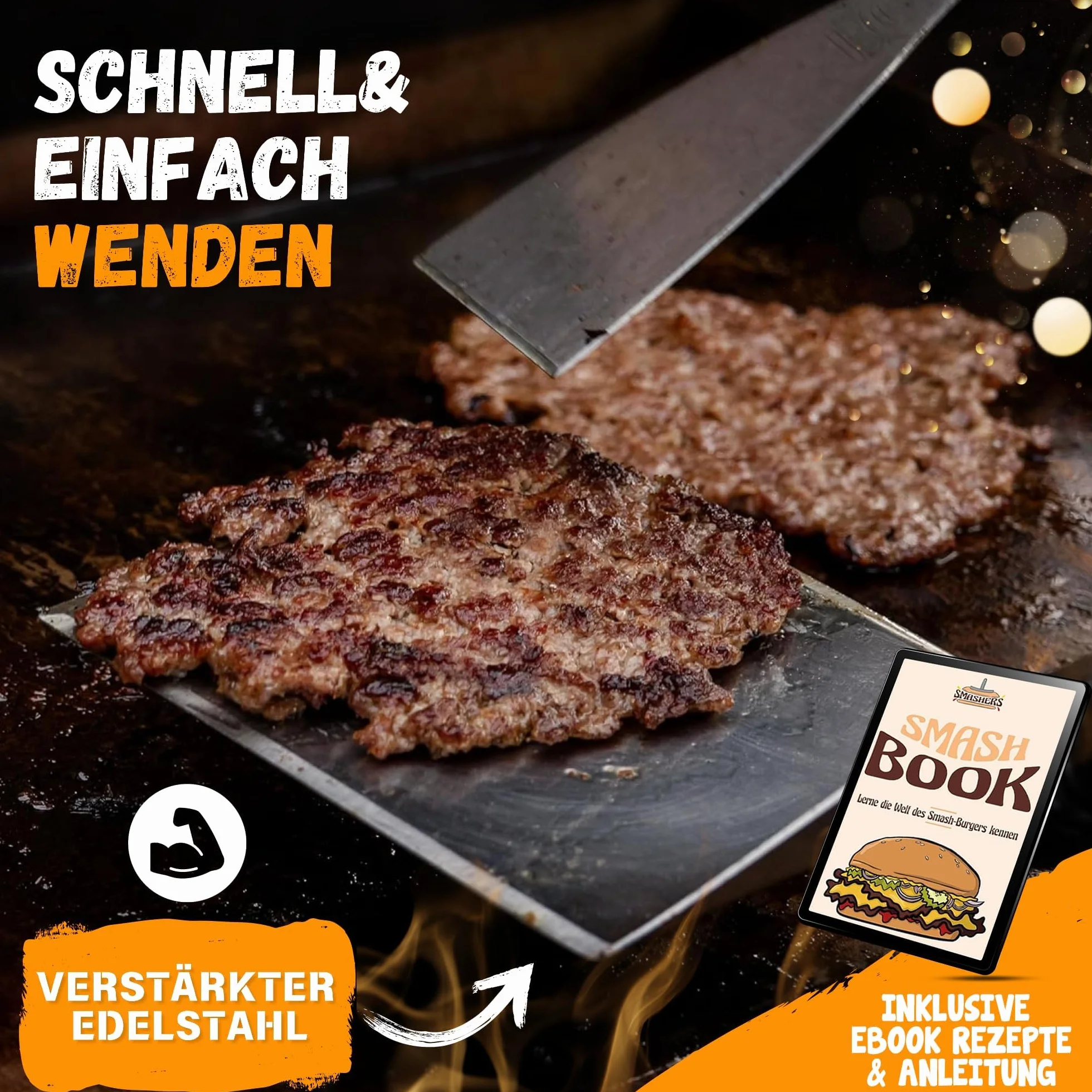 SMASHERS Smash zestaw do burgerów – zestaw do burgerów z prasą do burgerów, szpachelką do grilla, szpatułką do patelni i dzwonkiem do burgerów - w zestawie e-book z przepisami na smash burgery i
