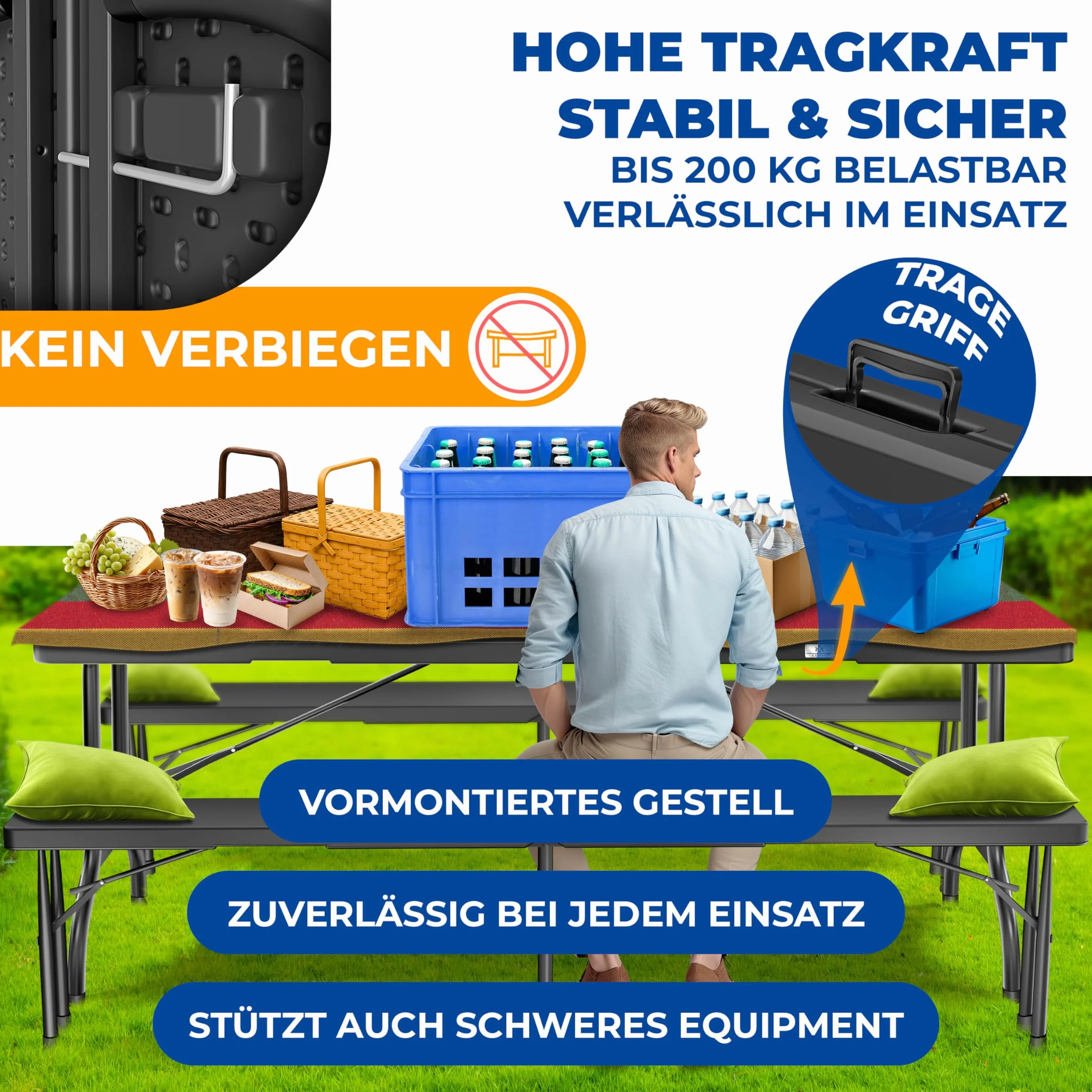KESSER® Stół bufetowy, składany bufet z tworzywa sztucznego, 183 x 76 cm, kempingowy, imprezowy, składany ogrodowy do ogrodu, na taras i balkon, 6 osób, w zestawie uchwyt do noszenia