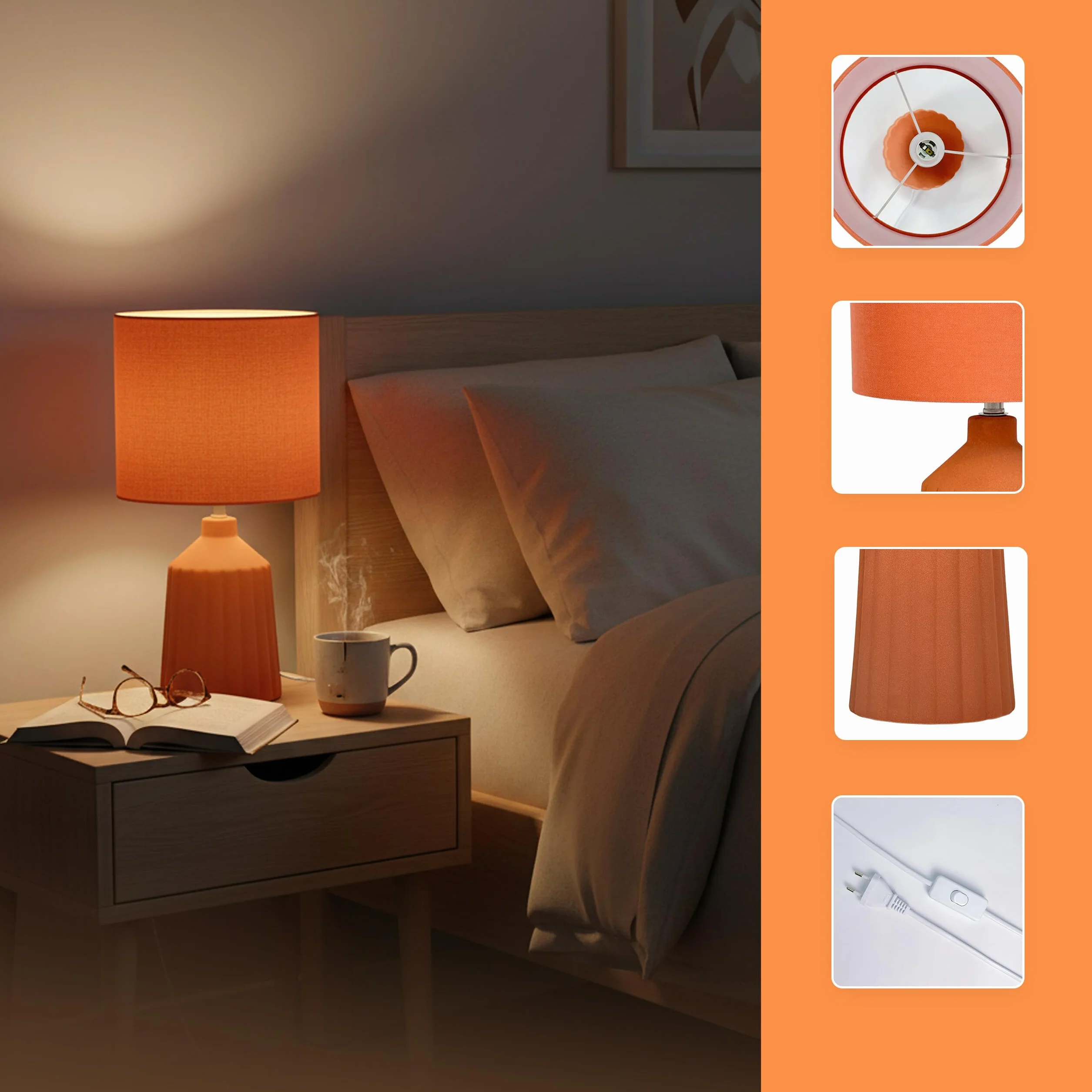 Relaxdays Lampa stołowa, wzorzysta podstawa ceramiczna, abażur z materiału, E27, wys. x śr.: 42 x 23 cm, lampka nocna z kablem, terakota