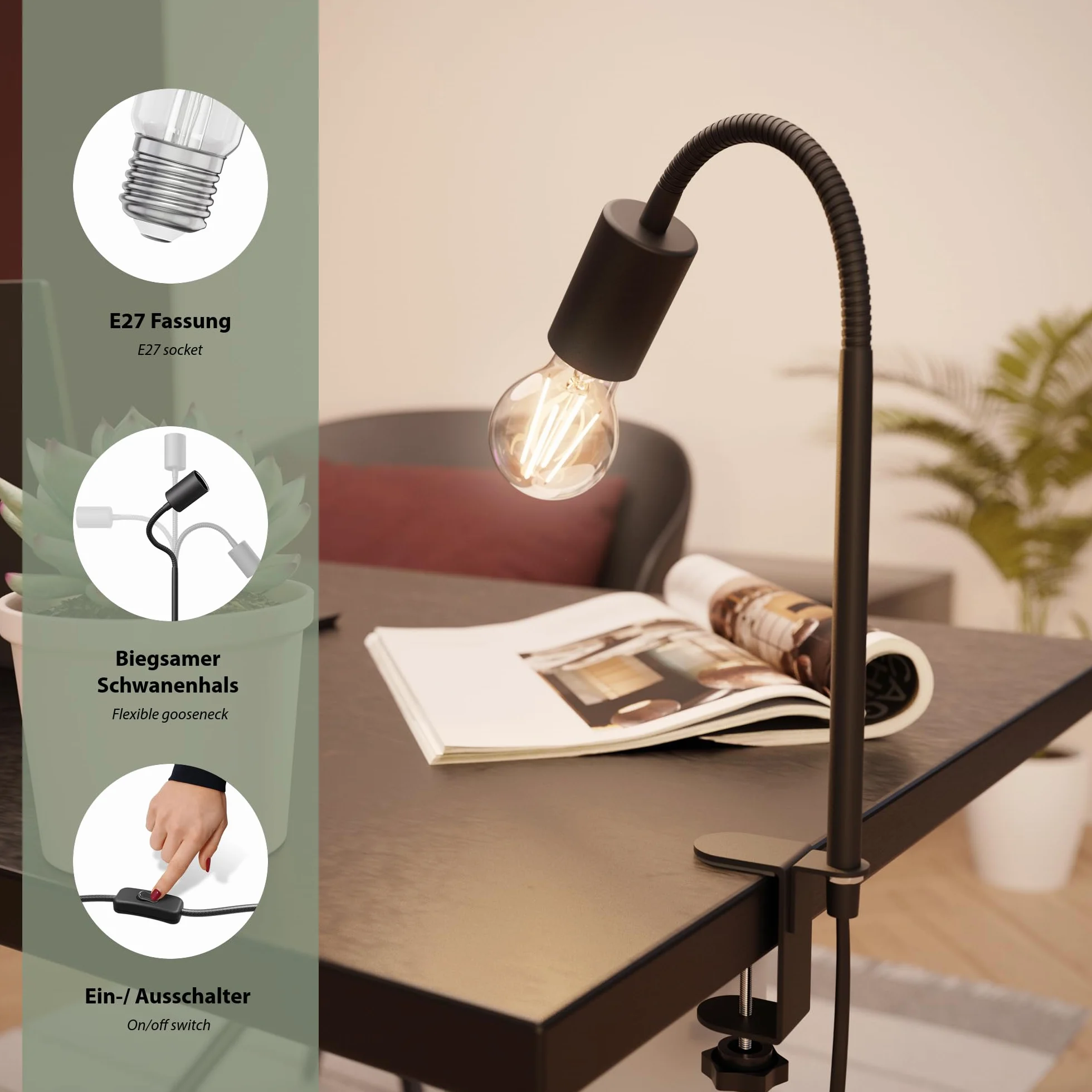 ledscom.de Lampa zaciskowa, gęsia szyja LELE, przełącznik, czarny mat, 1x E27 maks. 60W