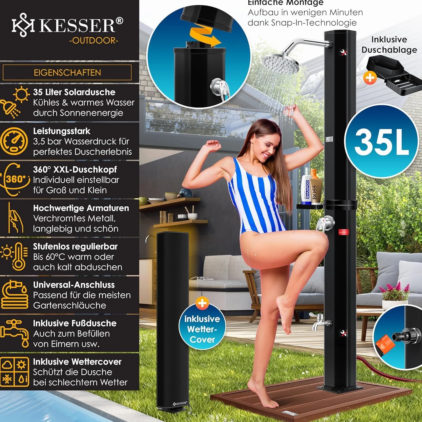 KESSER Prysznic solarny 35 l ciepła woda 60 °C prysznic basenowy bezprzewodowy kempingowy deszczownica kran