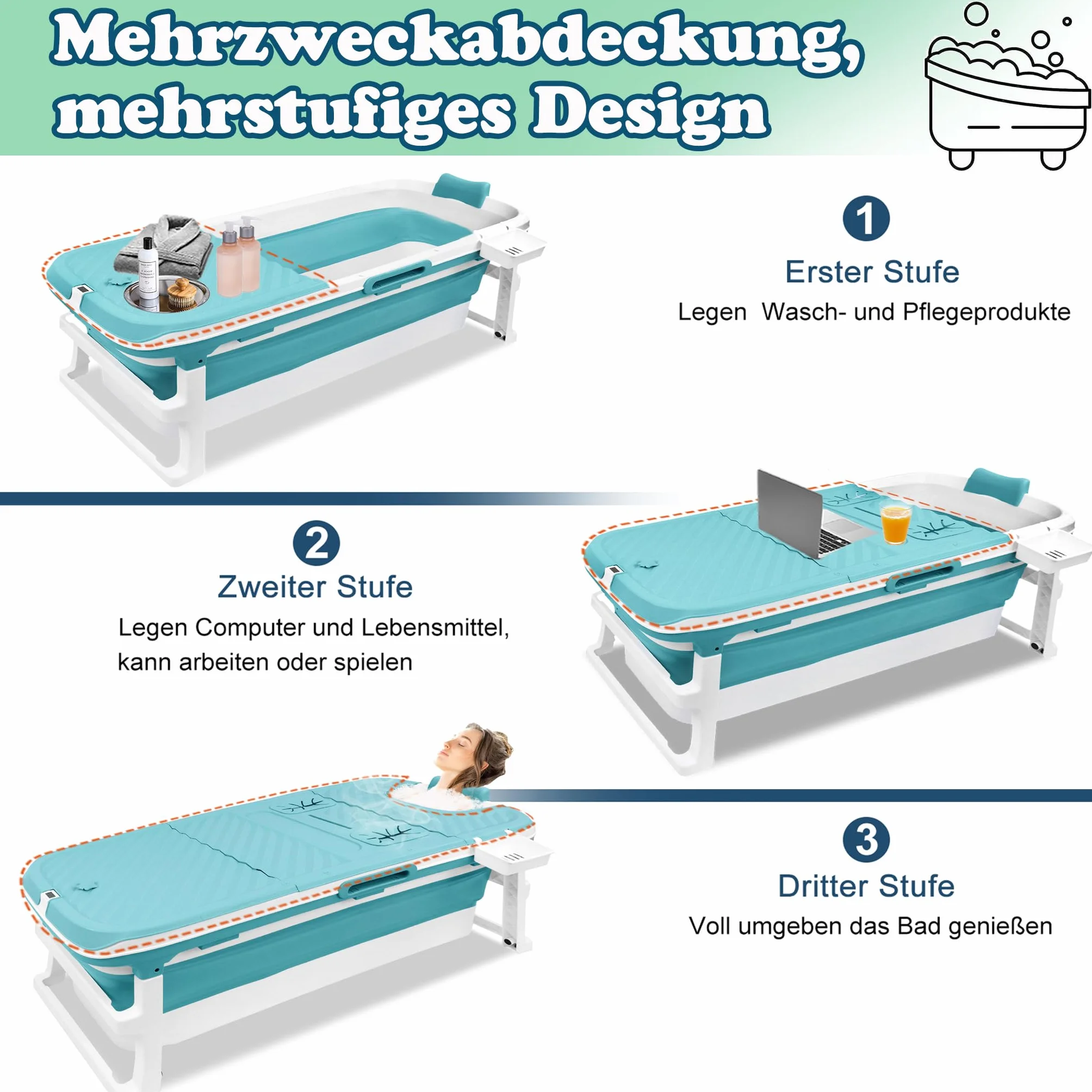 Składana wanna 149 x 64 x 54 cm ze wskaźnikiem temperatury, przenośna wanna pod prysznic dla dorosłych (niebieska)
