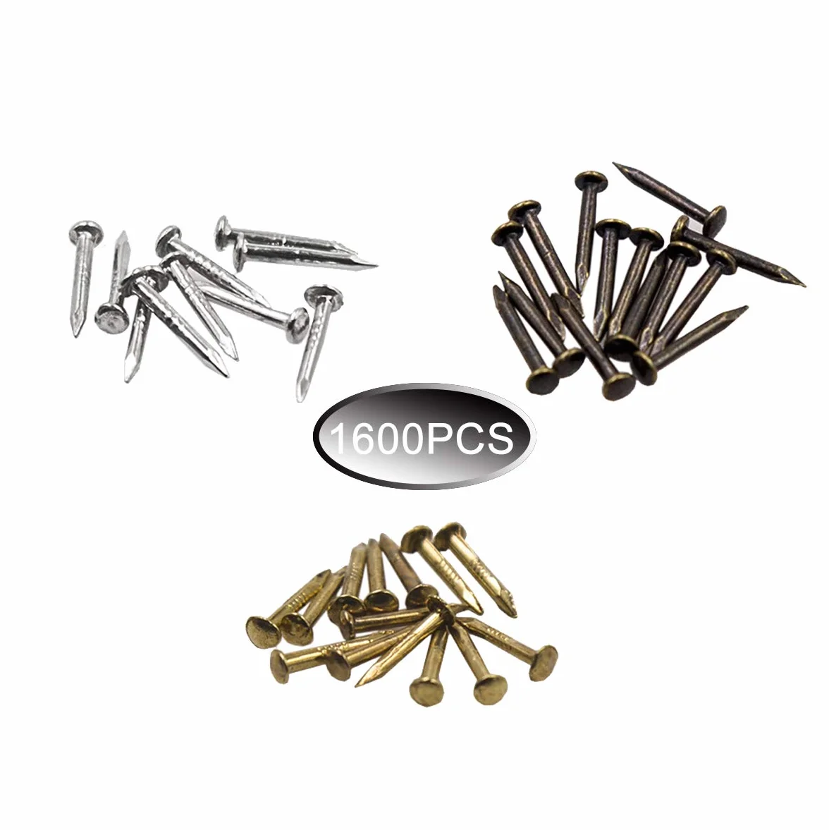 Newlng Małe Gwoździe do Obróbki Drewna - Antyczne DIY Dekoracyjne Pudełko Akcesoria Mini Gwoździe Złote Srebrne Brąz 1x6mm 1x8mm 1x10mm 1600 Szt
