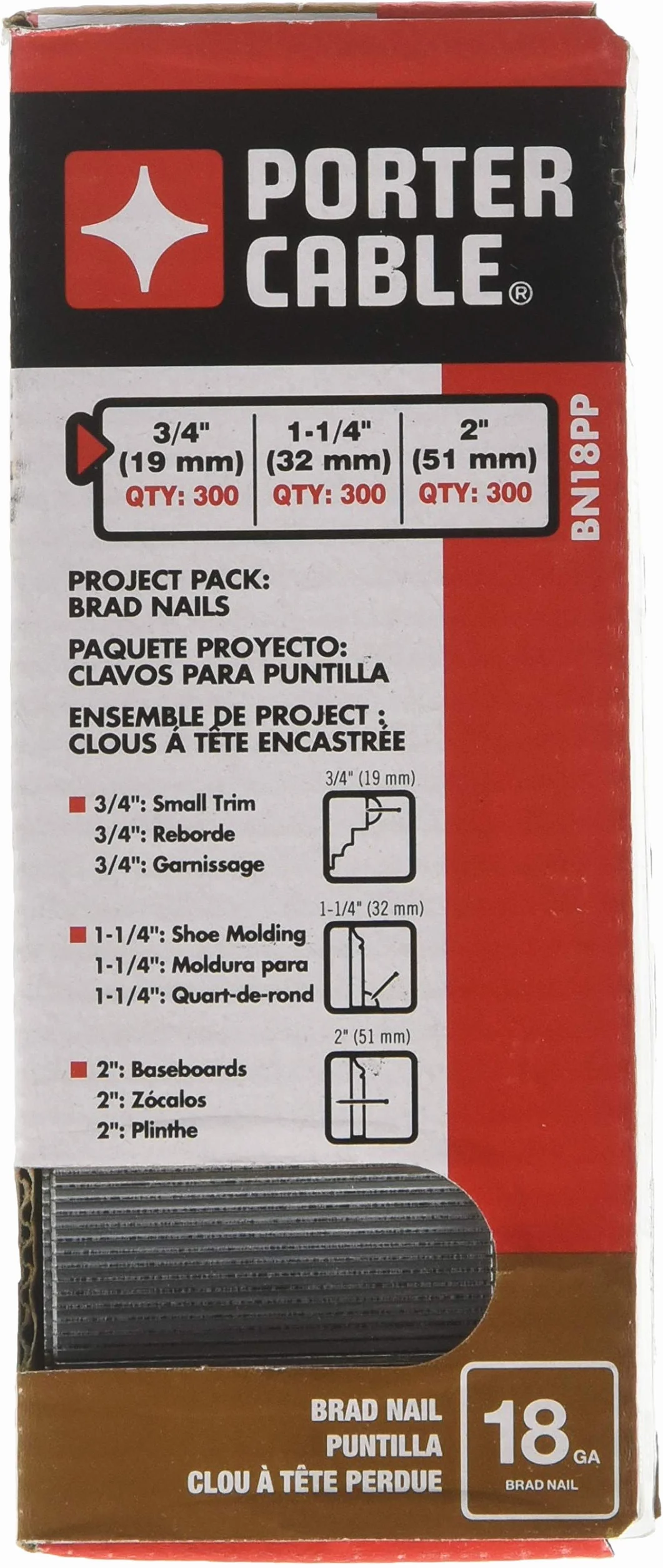 PORTER-CABLE Brad Nails, pakiet projektowy, 18GA, 3/4" - 300, 1-1/4" - 300; 2-calowy - 300, 900-pak (BN18PP)
